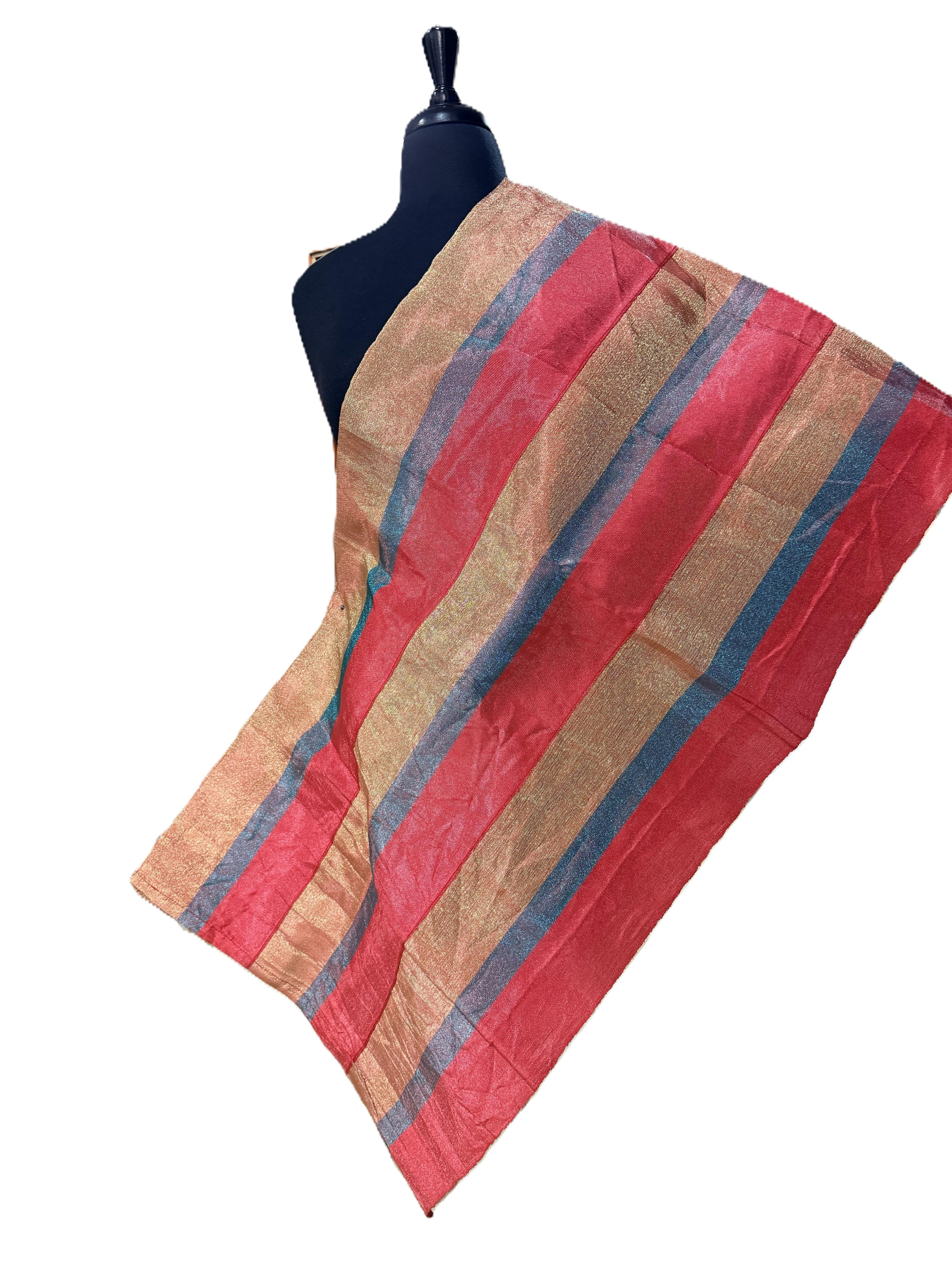 Aso Oke Coral Red, Gold & Slate Blue Broad Striped Satin Weave Fabric