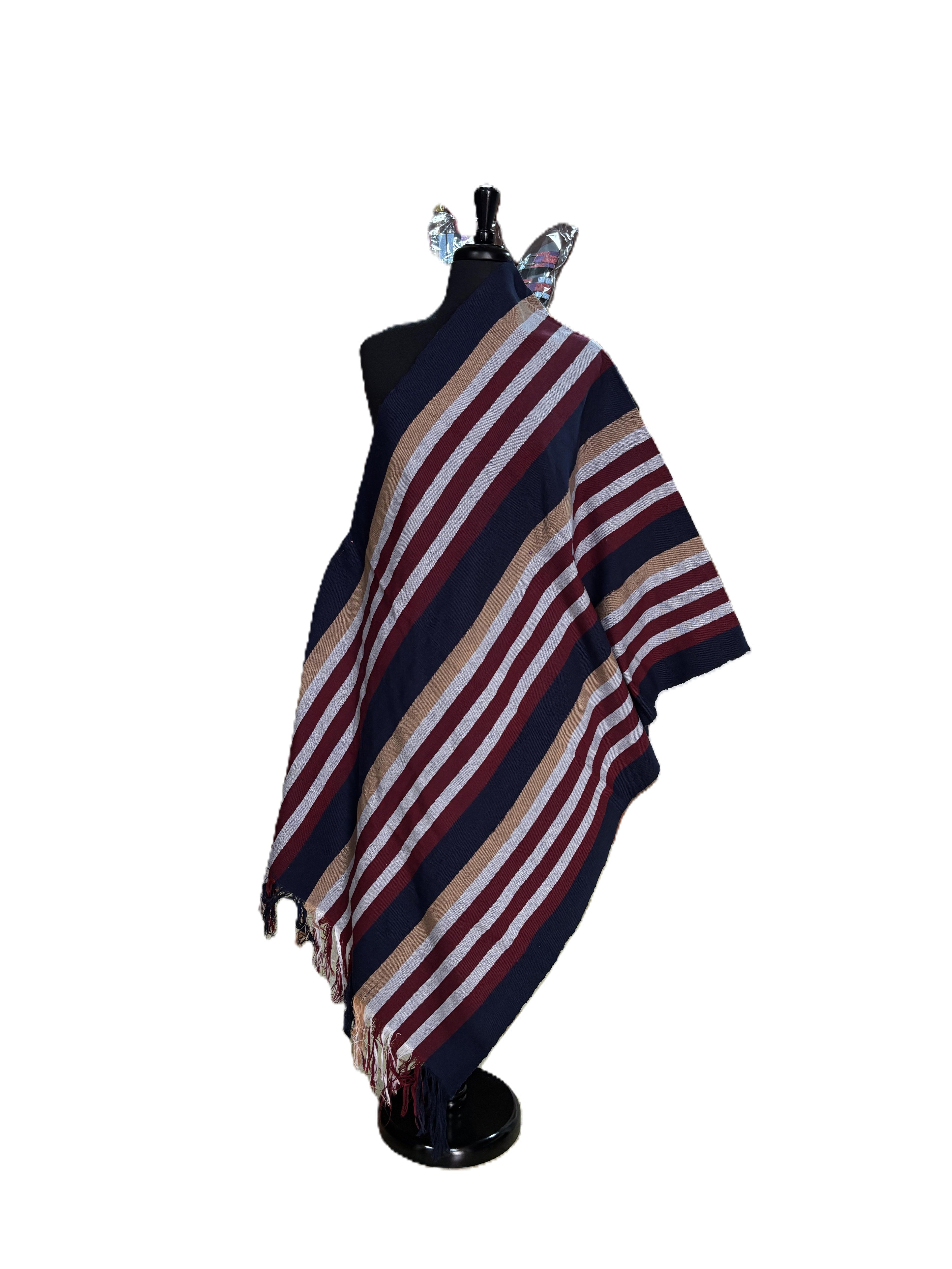 Aso Oke Navy Blue, Burgundy & Camel Broad Striped Fabric