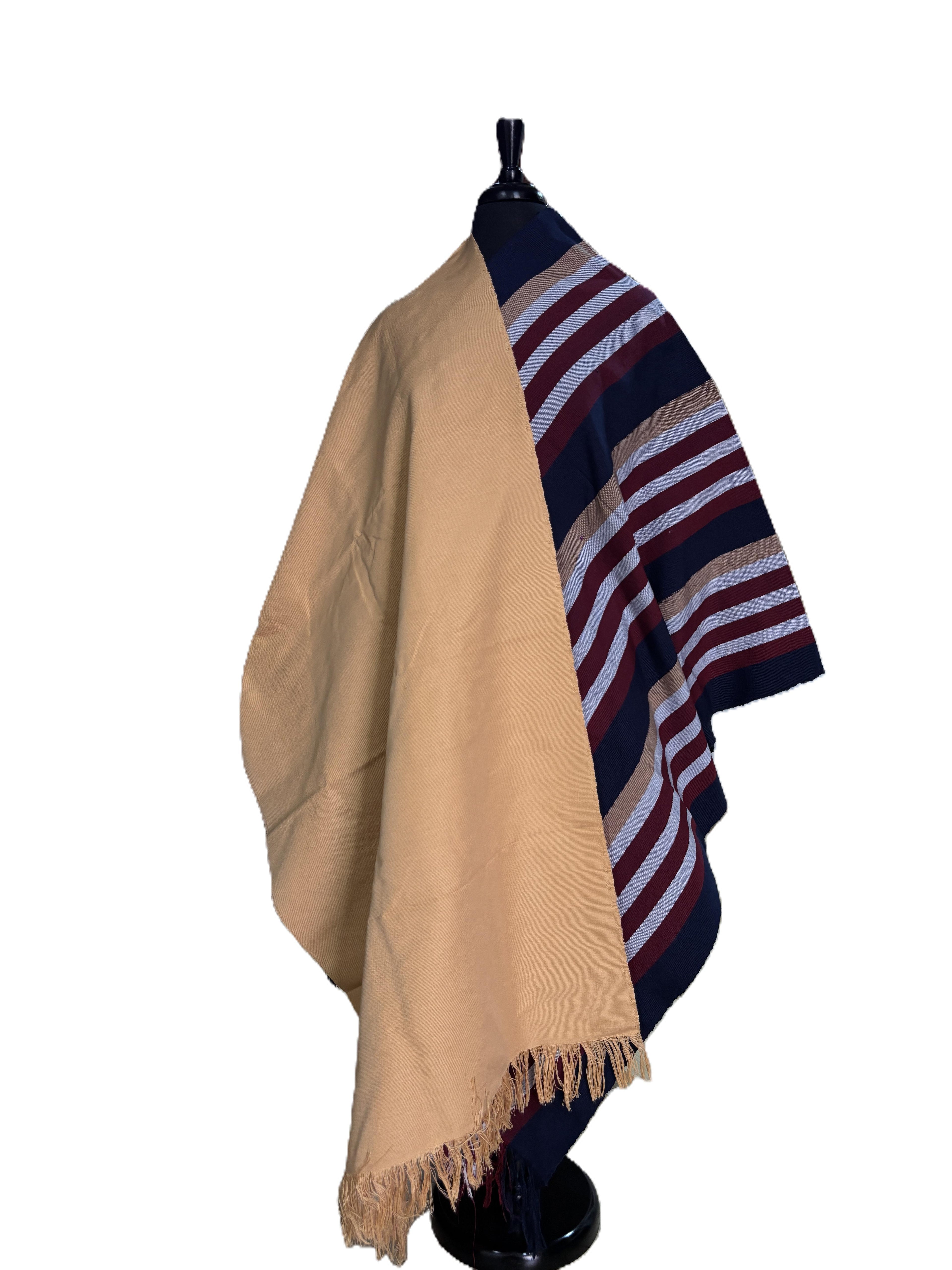 Aso Oke Camel Tan & Navy Burgundy Striped Fabric