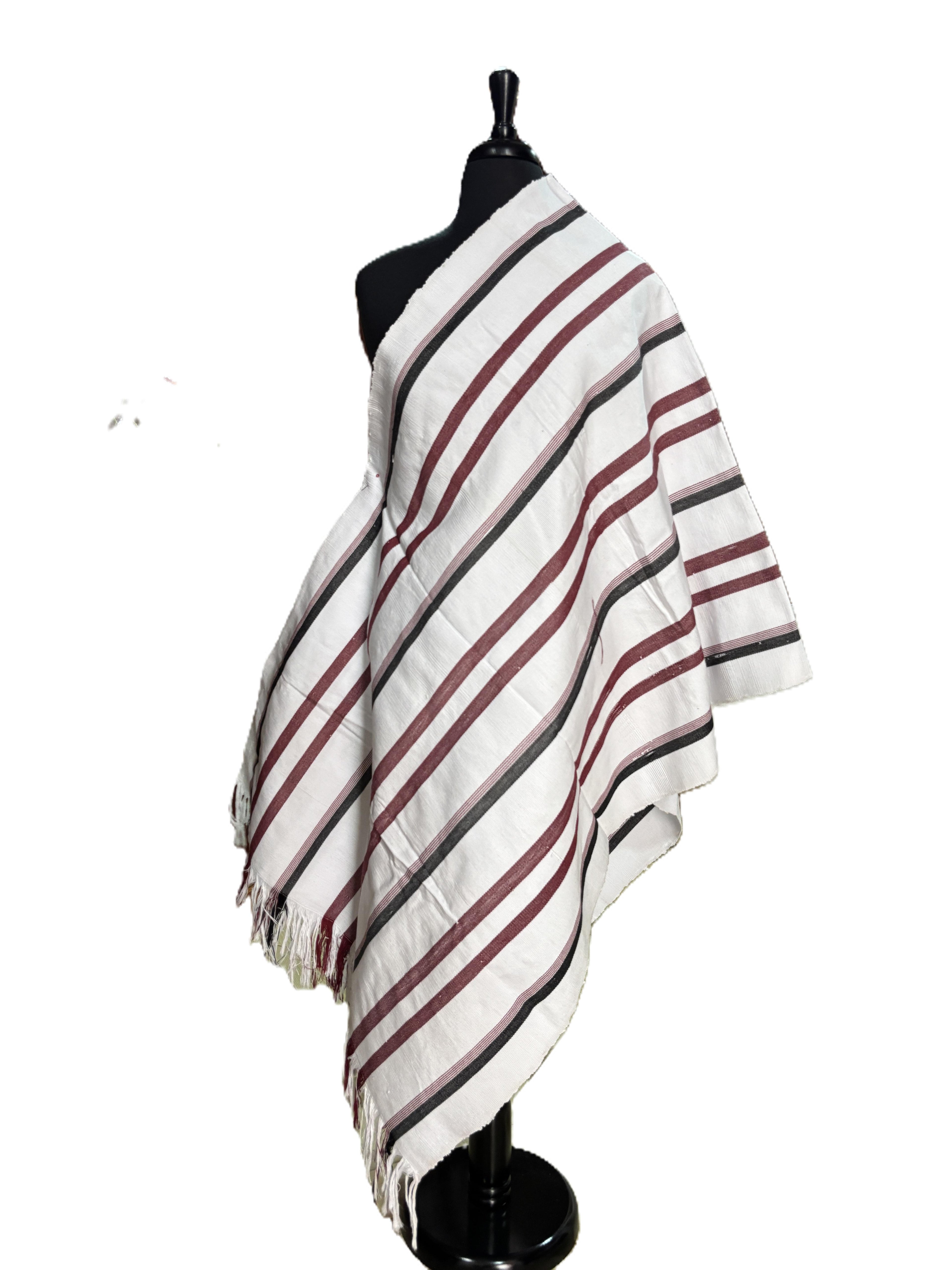 Aso Oke White, Burgundy & Charcoal Fine Striped Fabric