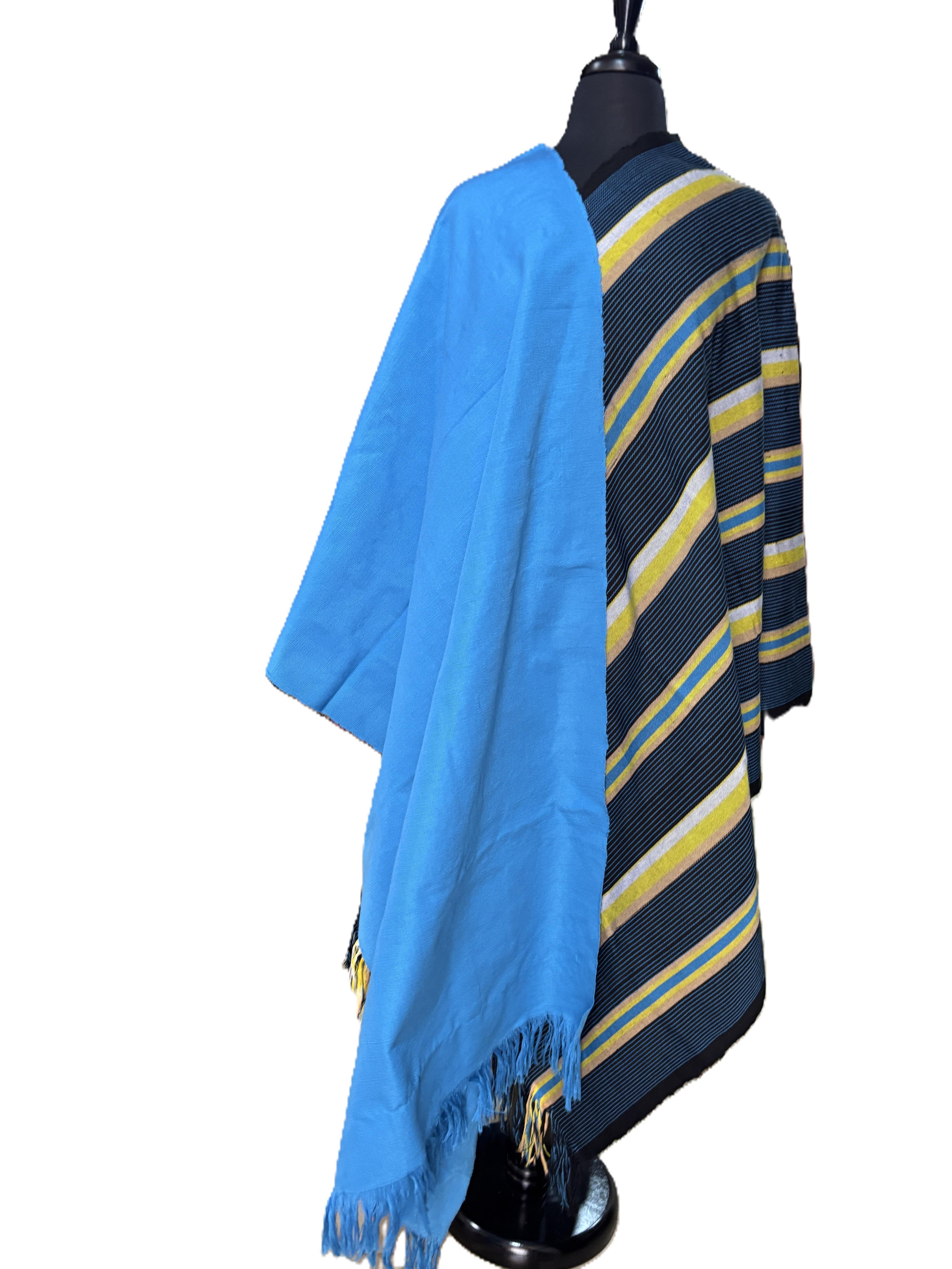 Aso Oke Cerulean Blue & Navy Yellow Striped Fabric