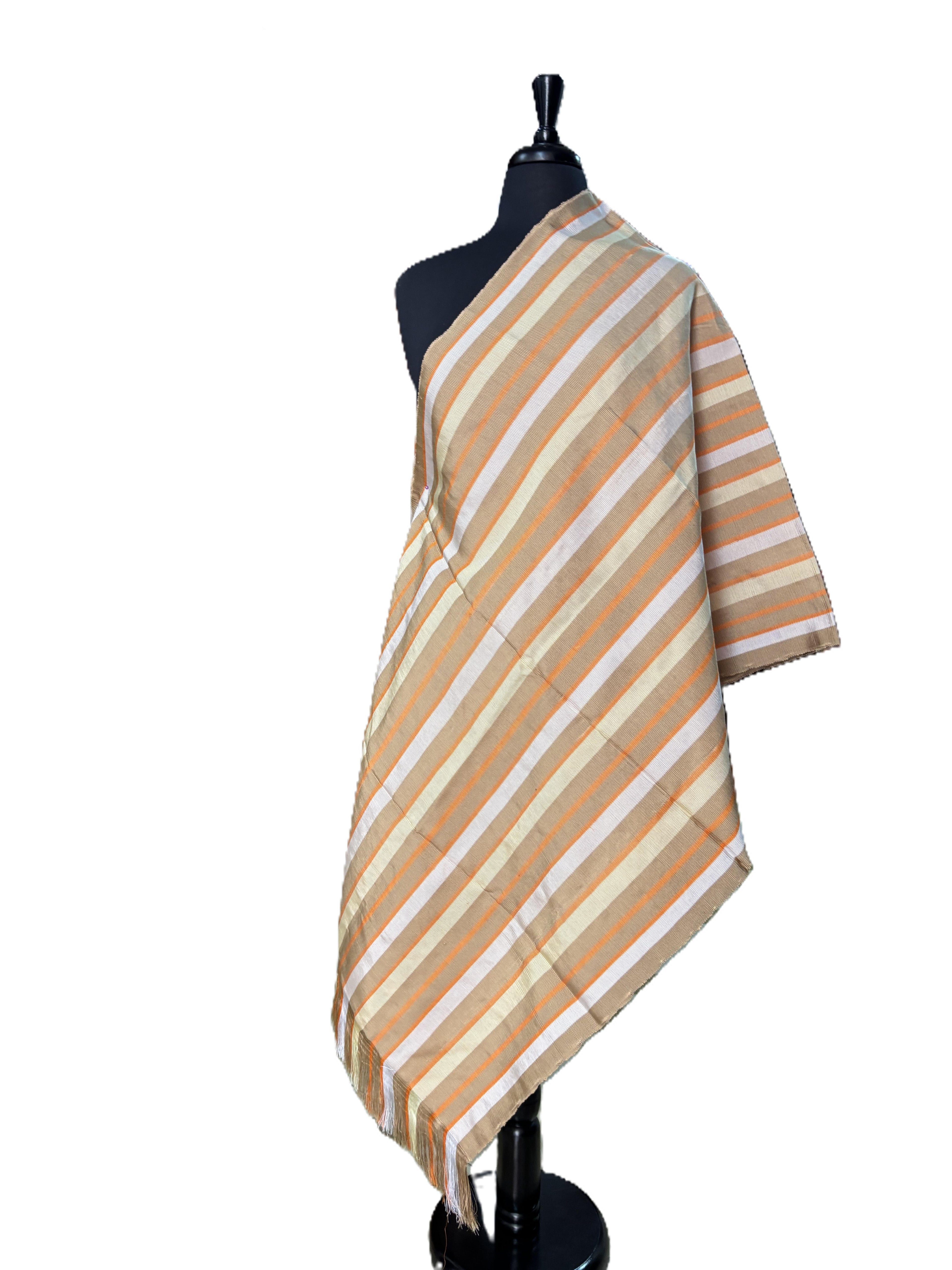 Aso Oke Beige, Orange & White Broad Diagonal Striped Fabric