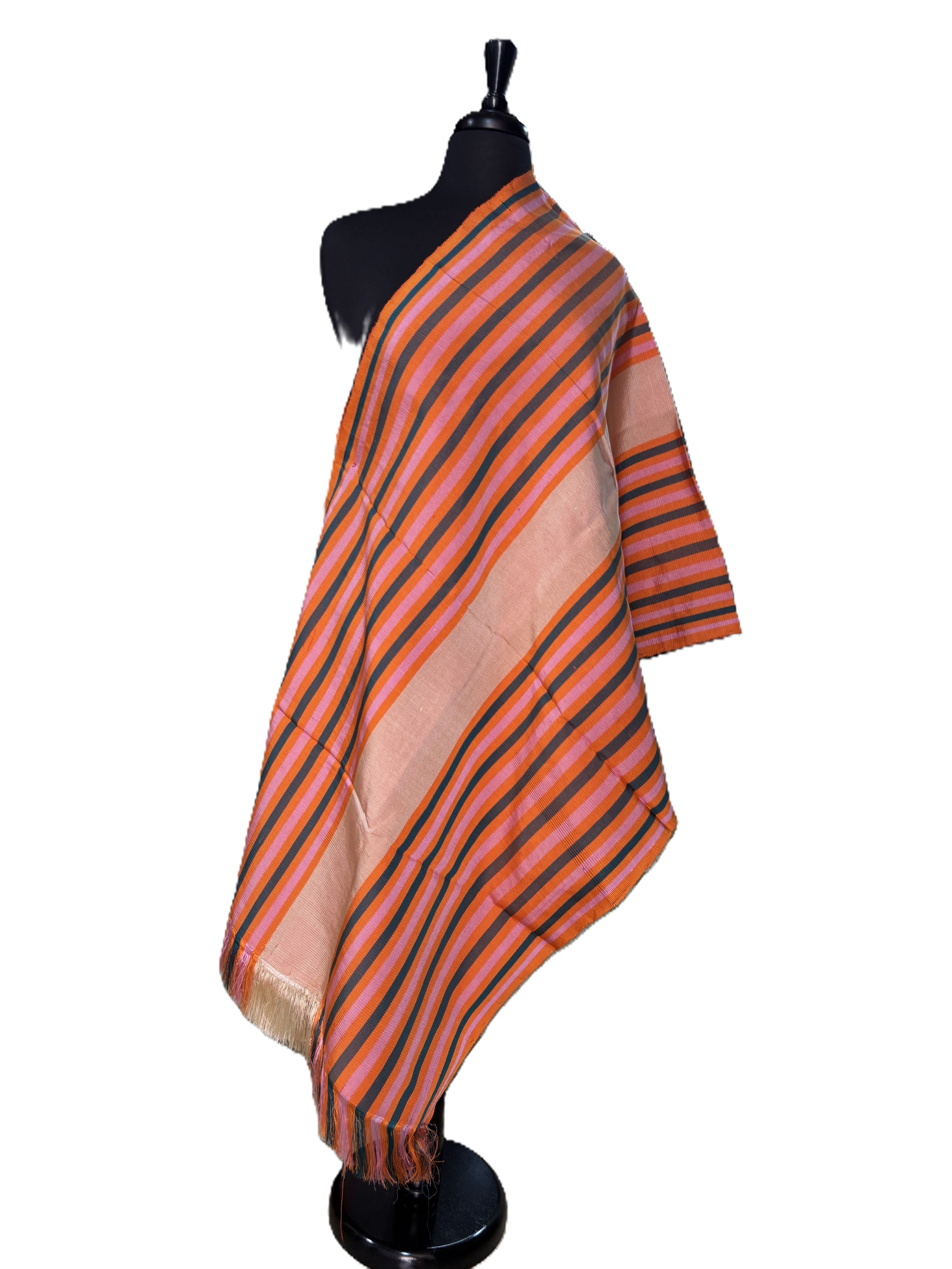 Aso Oke Orange, Pink & Charcoal Fine Striped Fabric