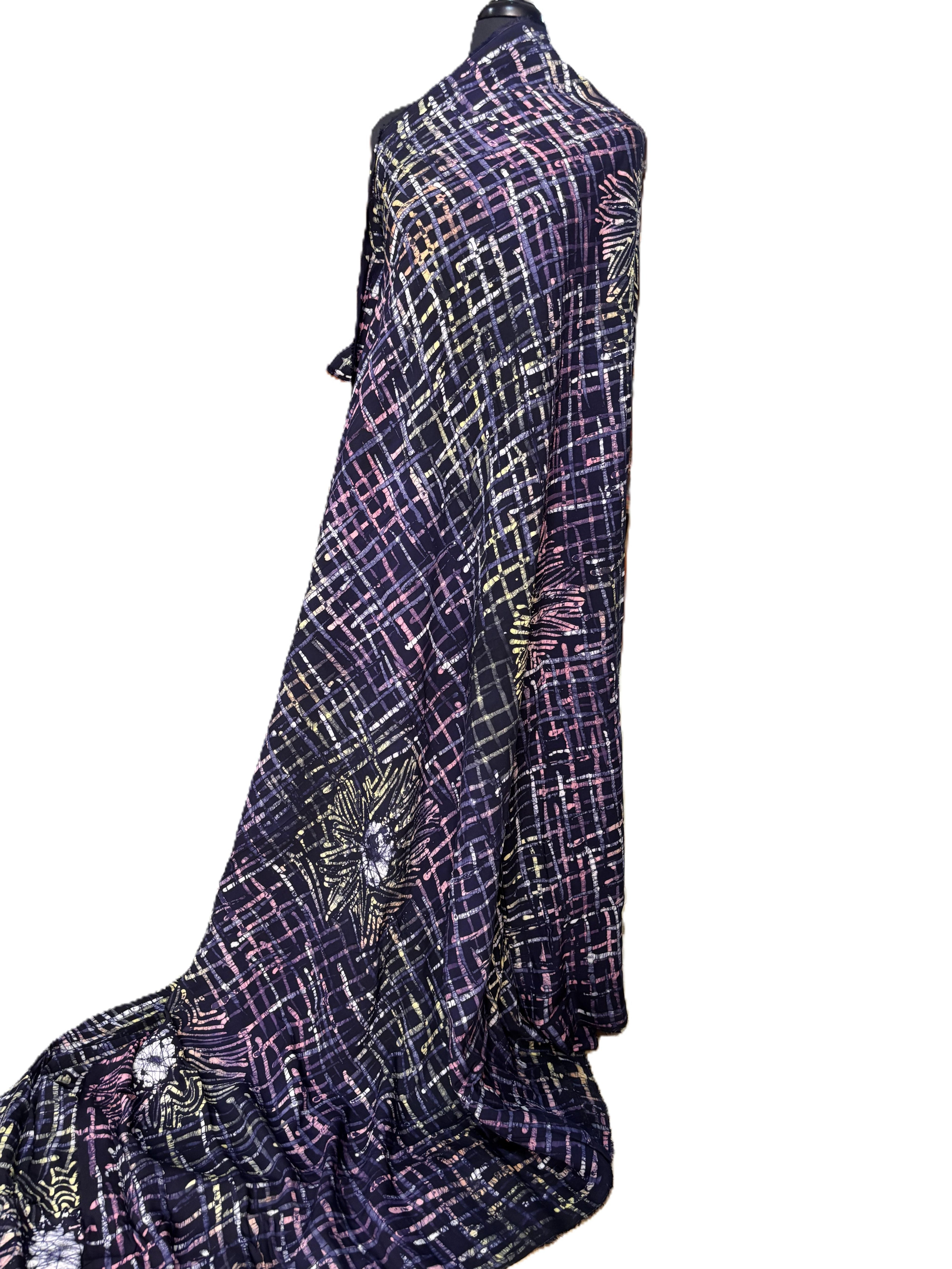 Batik Fabric — Floral Grid & Crosshatch Print