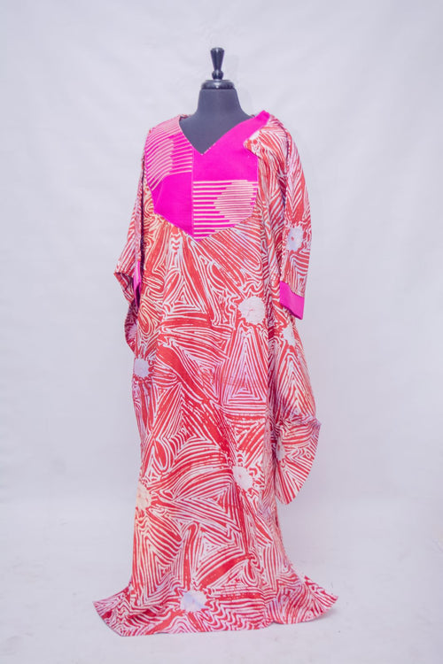 African Batik Oversized Kaftan — Coral Triangle Maze Print with Hot Pink V-Yoke, front view