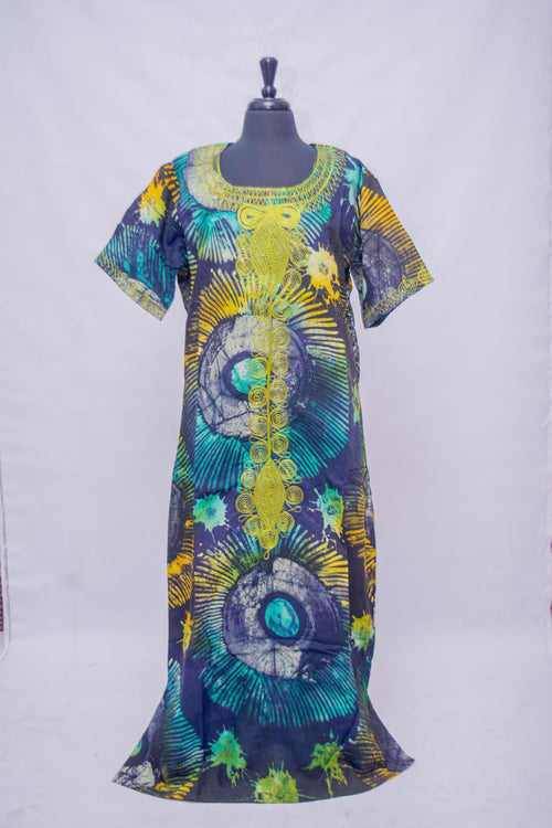 African Batik Maxi Dress — Sunburst & Starburst Print with Gold Embroidered Centre Placket, front view