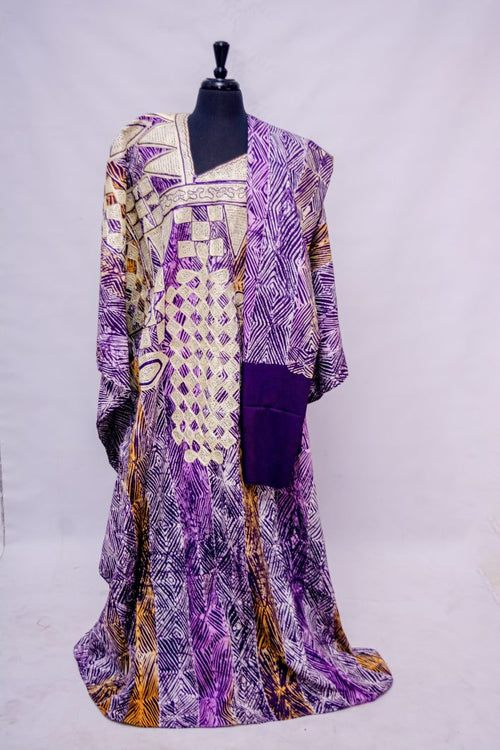 African Batik Oversized Kaftan — Purple Diamond Hatching Print with Cream Embroidered Lattice Yoke, front angle view