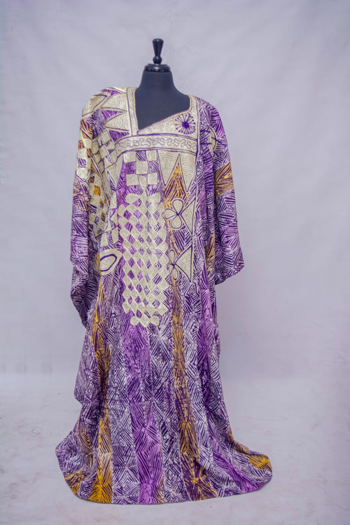 African Batik Oversized Kaftan — Purple Diamond Hatching Print with Cream Embroidered Lattice Yoke, front full view