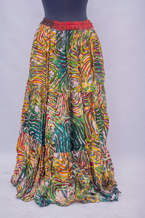 African Batik Three-Tiered Maxi Skirt — Multicolour Wave & Swirl Print, front view