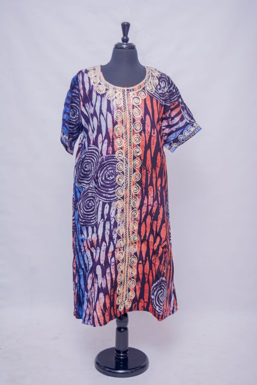 African Batik Midi Dress — Split Navy Spiral & Coral Flame Print with Gold Scroll Embroidery, front view