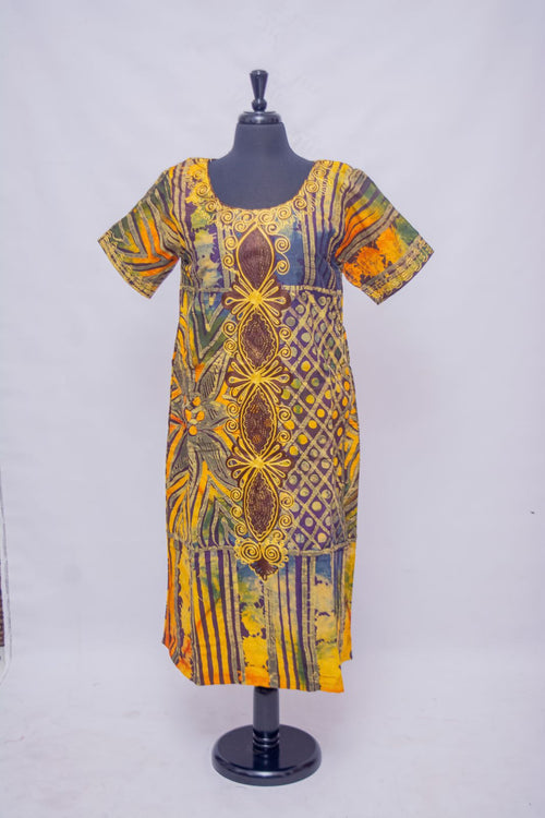 African Batik Midi Dress & Wrap Set — Golden Yellow Stripe & Diamond Lattice with Gold Medallion Embroidery, front view