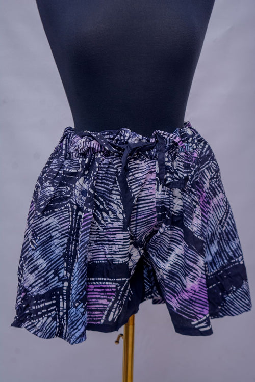 African Batik Mini Skort — Navy & Lavender Crosshatch Print with Drawstring Waist, close-up front view
