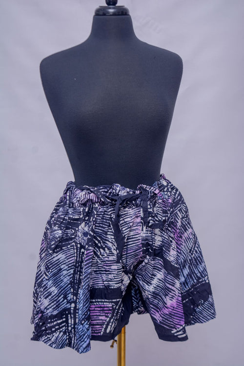 African Batik Mini Skort — Navy & Lavender Crosshatch Print with Drawstring Waist, full front view