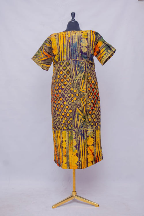 African Batik Midi Dress & Wrap Set — Golden Yellow Stripe & Diamond Lattice with Gold Medallion Embroidery, back view