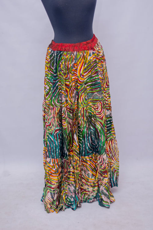 African Batik Three-Tiered Maxi Skirt — Multicolour Wave & Swirl Print, side view