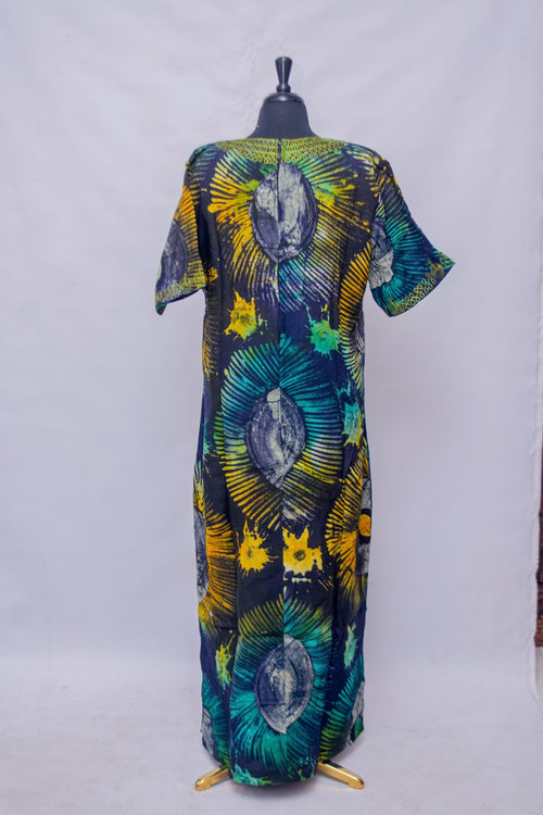 African Batik Maxi Dress — Sunburst & Starburst Print with Gold Embroidered Centre Placket, back view