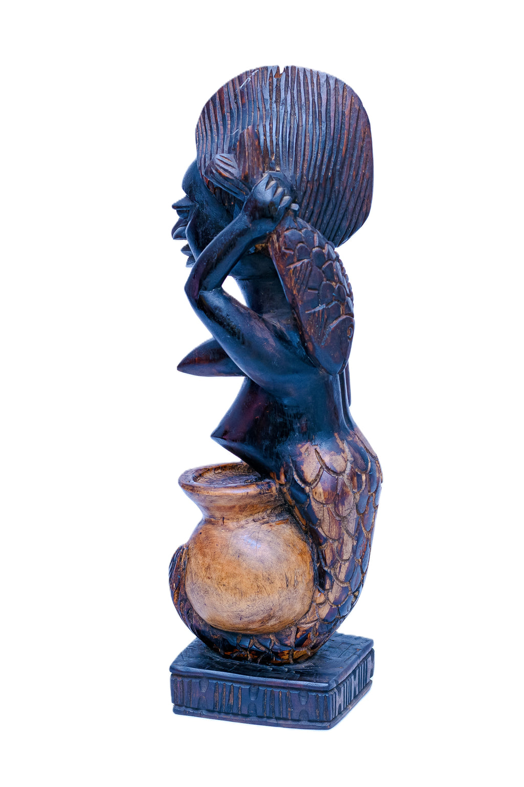 African Mami Wata Seated on Pot — Handcarved Wooden Sculpture