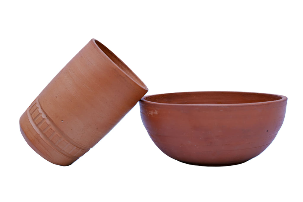 African Terracotta Cup & Bowl Set — Handcrafted Clay Pottery