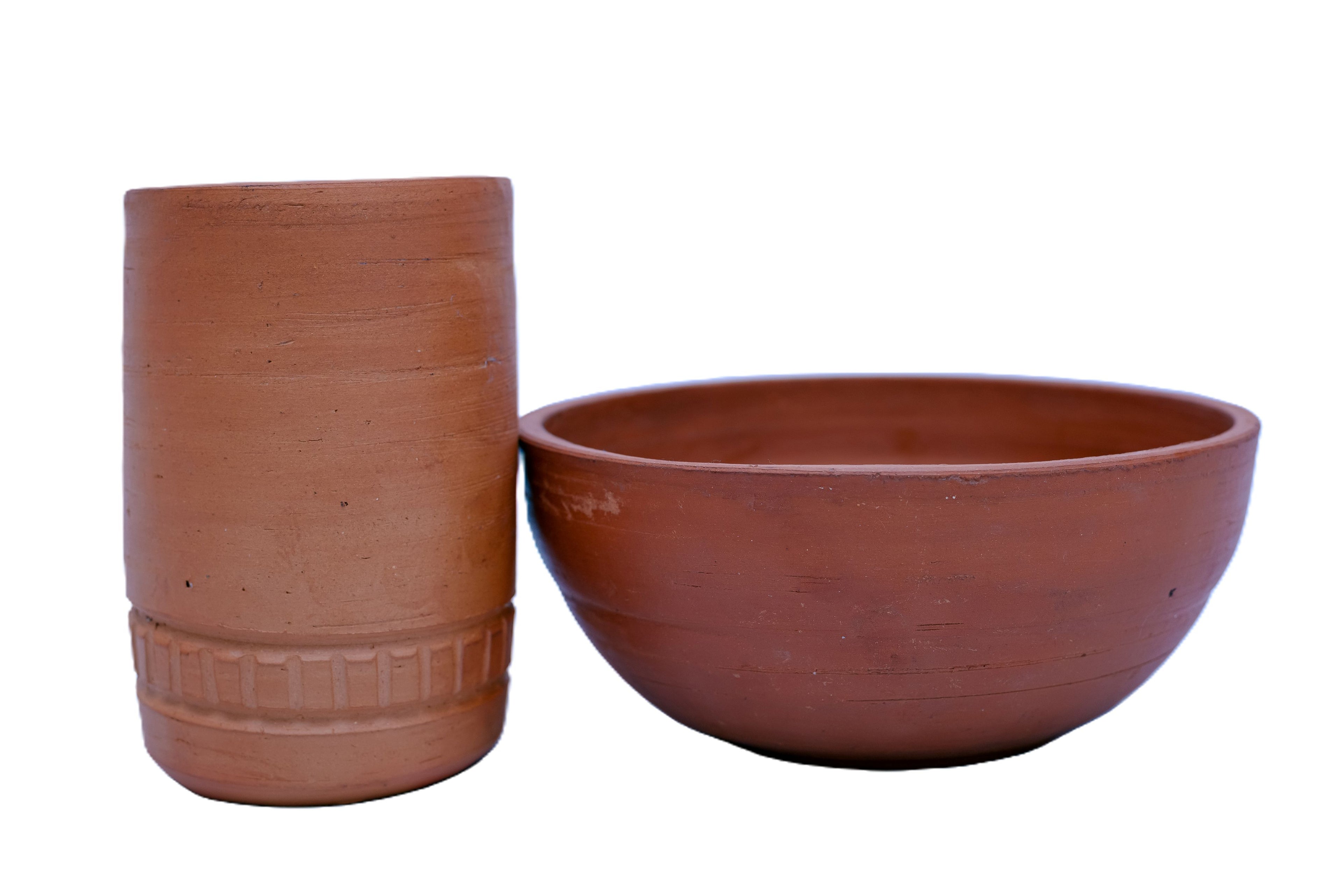 African Terracotta Cup & Bowl Set — Handcrafted Clay Pottery