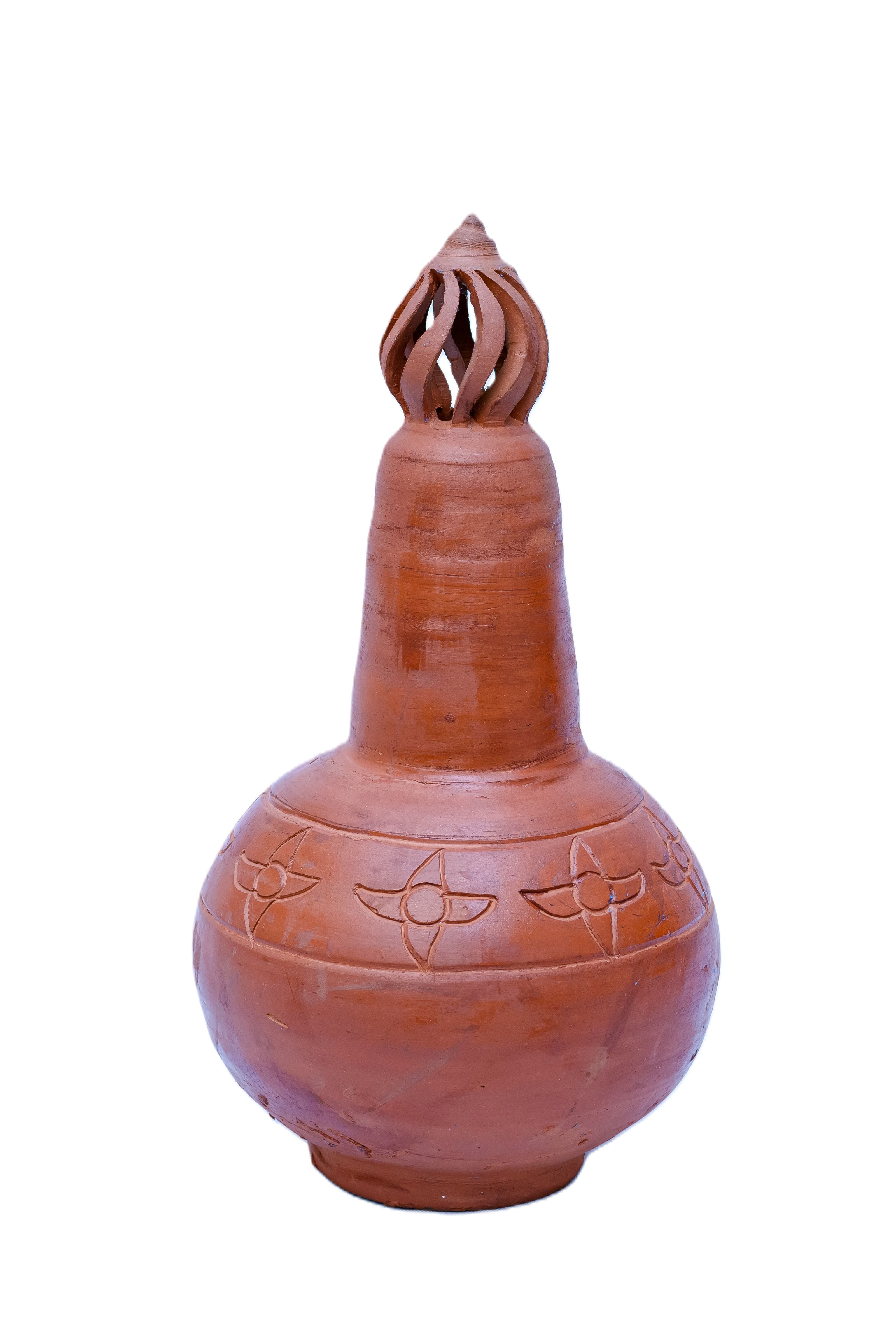 African Terracotta Vessel with Flame Finial & Flower Band — Handcrafted Clay Pottery