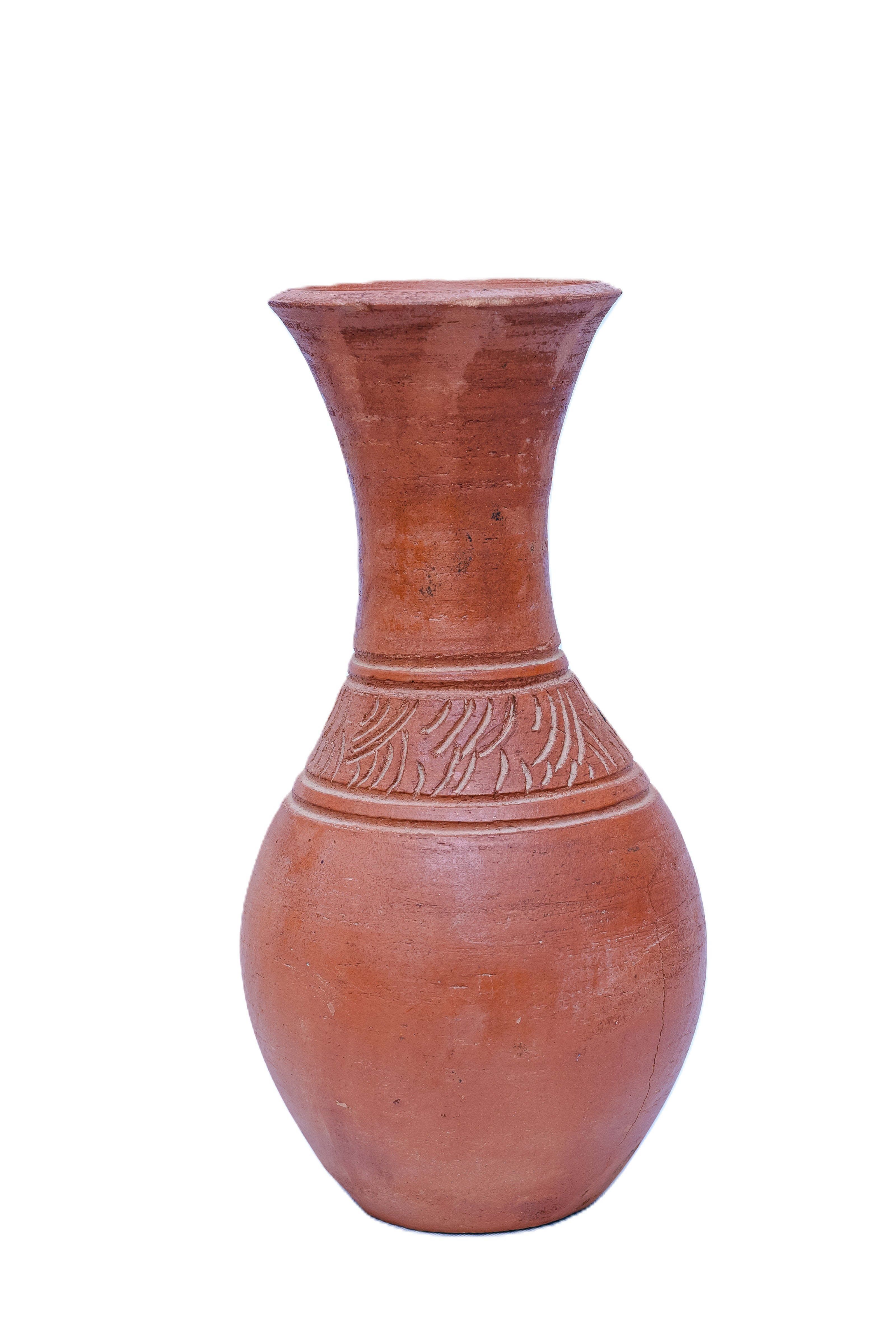 African Terracotta Vase with Carved Leaf Band — Handcrafted Clay Pottery