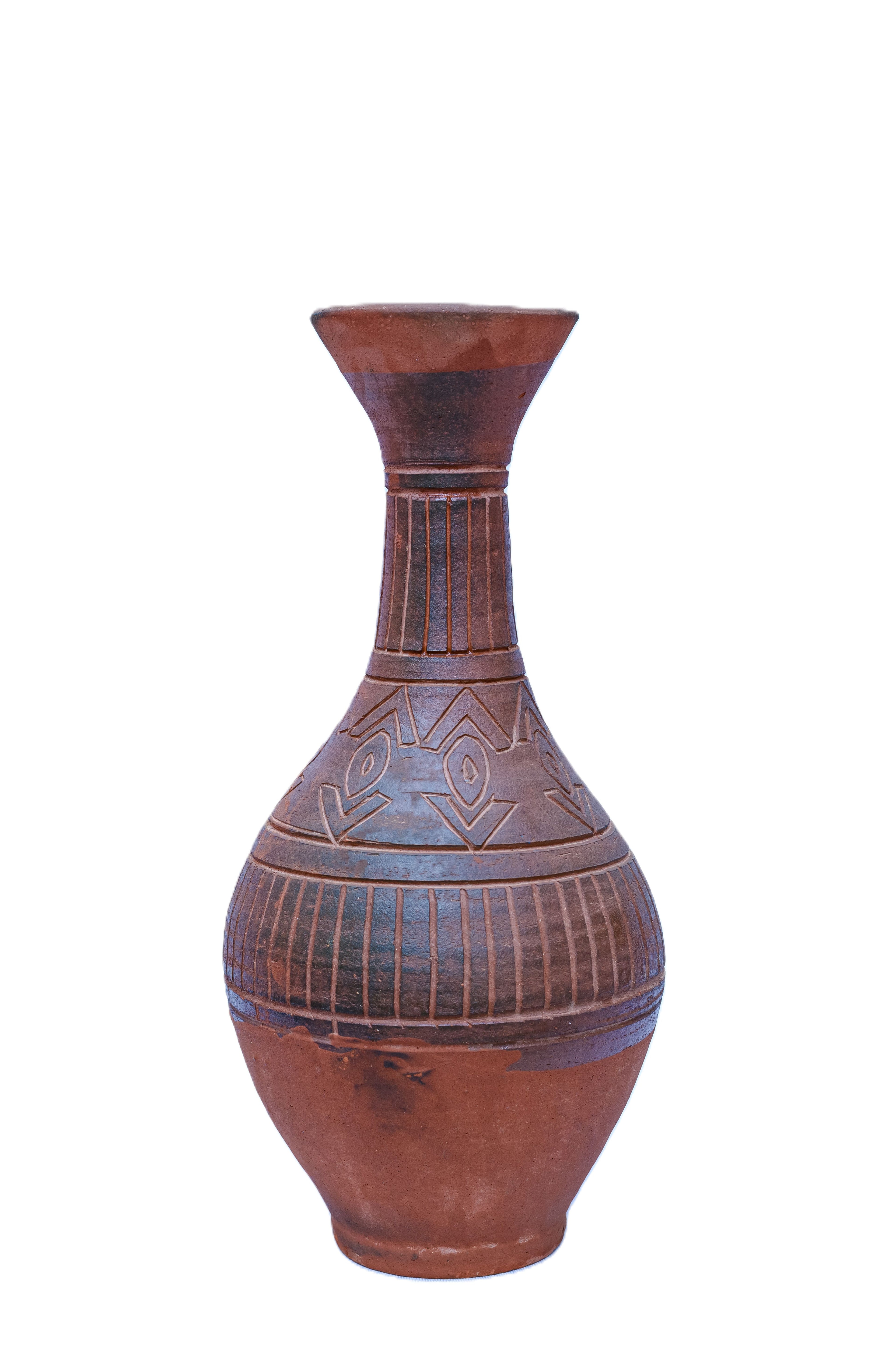 African Terracotta Vase with Carved Geometric Marks — Handcrafted Clay Pottery