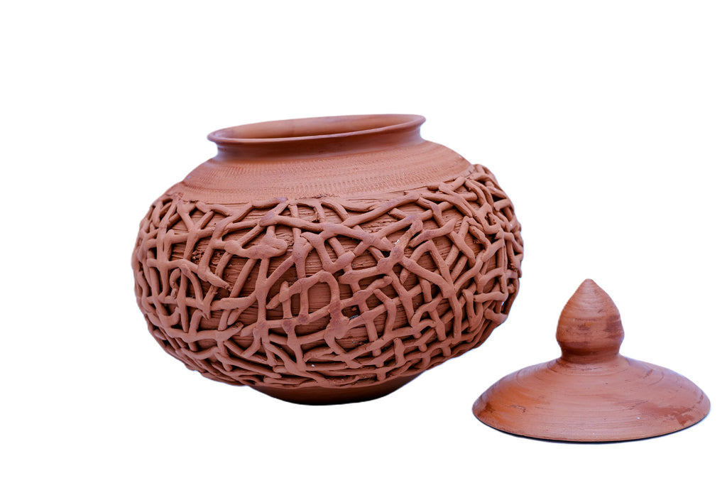 African Terracotta Lattice Pot with Lid — Handcrafted Clay Pottery