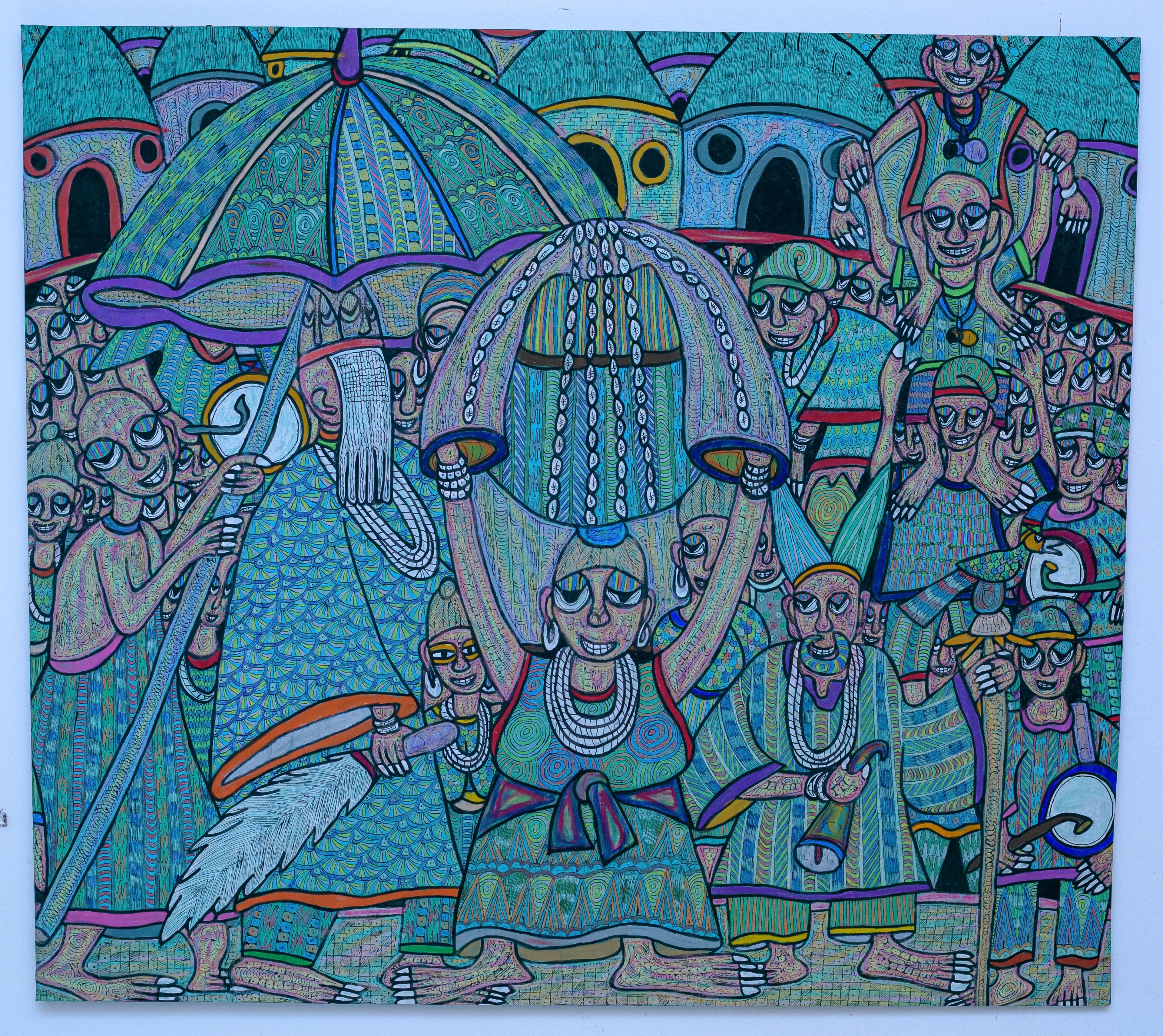 African Royal Masquerade Procession — Original Painting on Canvas