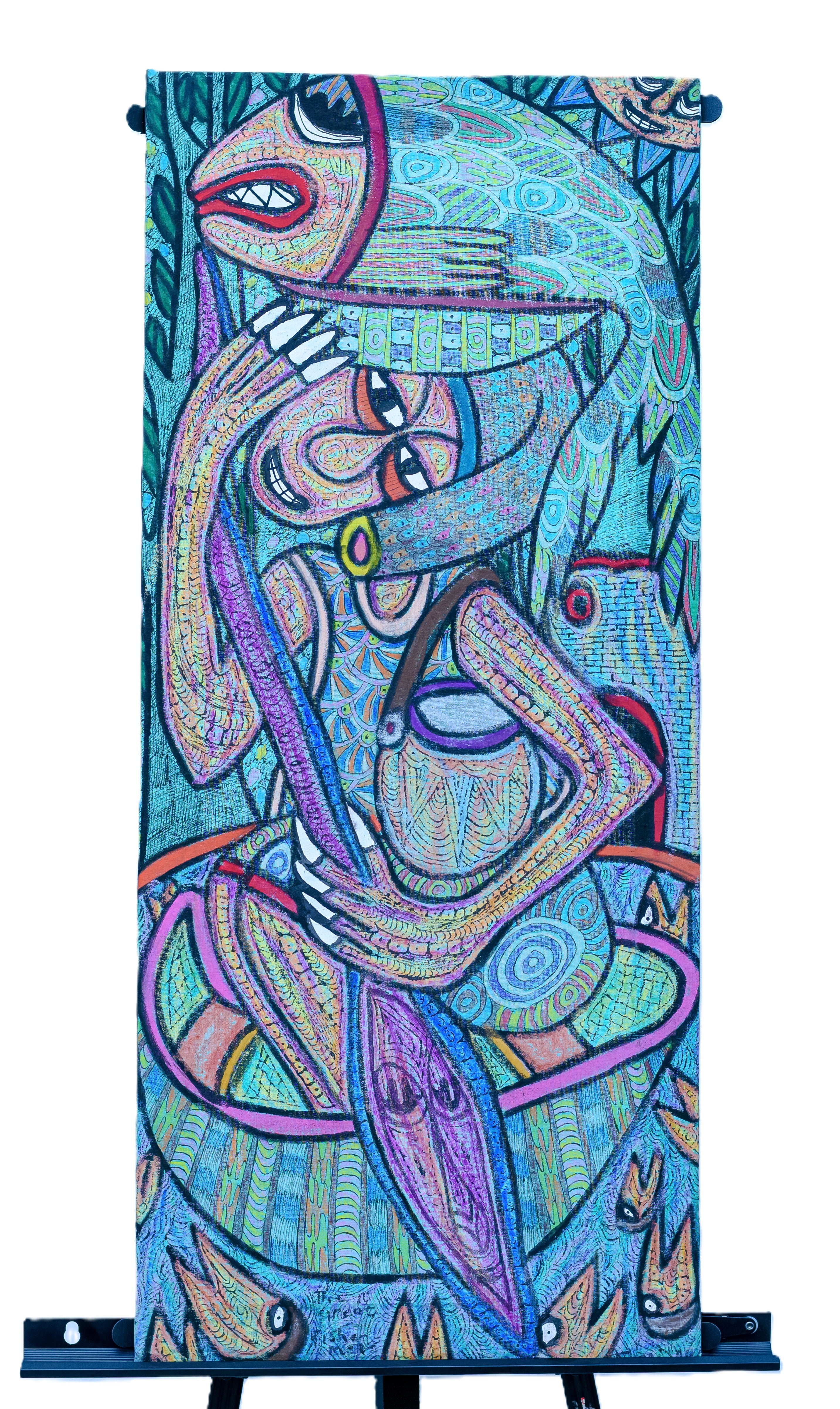 African Serpent & Bird Spirit — Original Painting on Canvas
