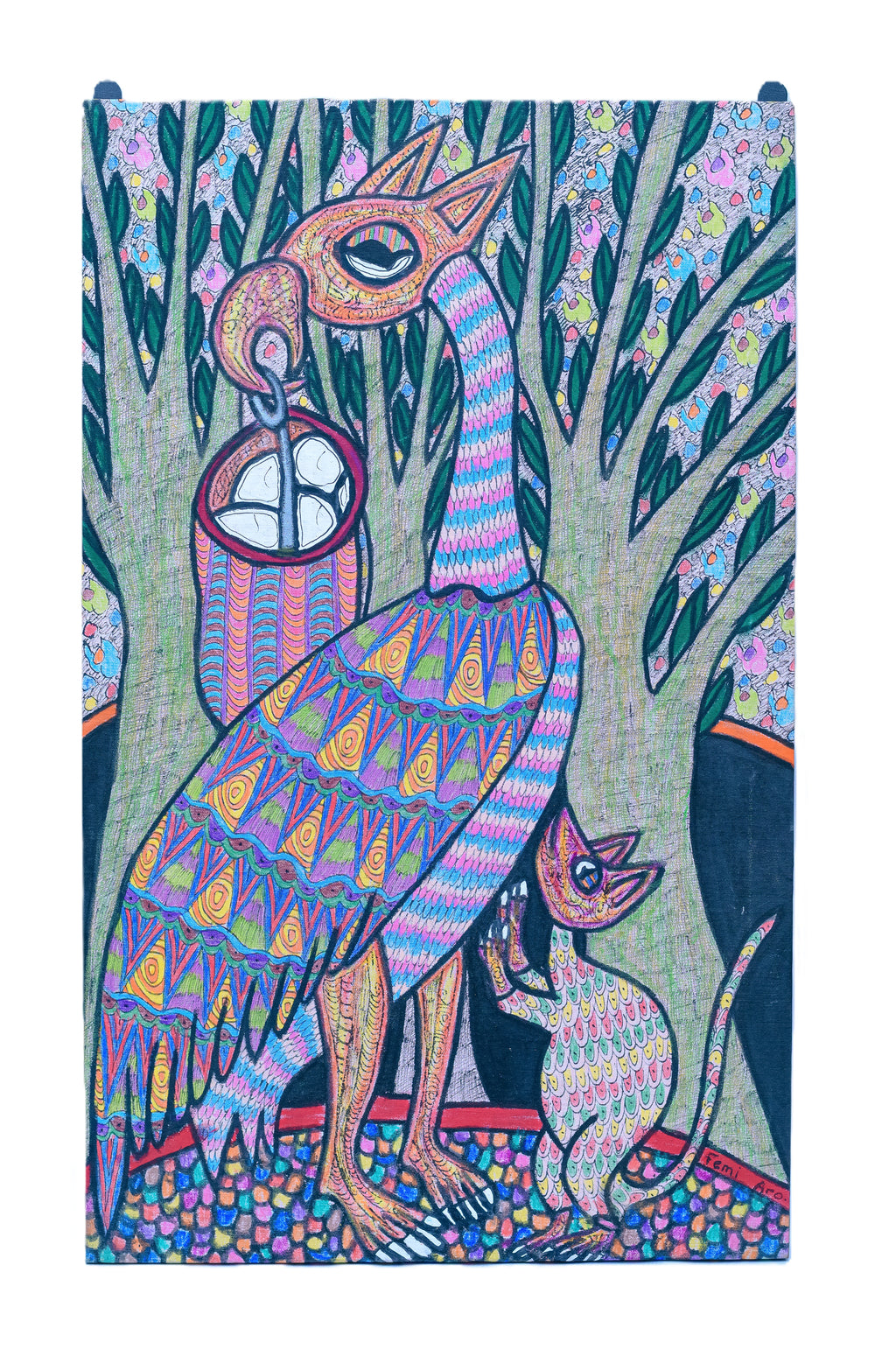 African Spirit Bird & Cat — Original Painting on Canvas
