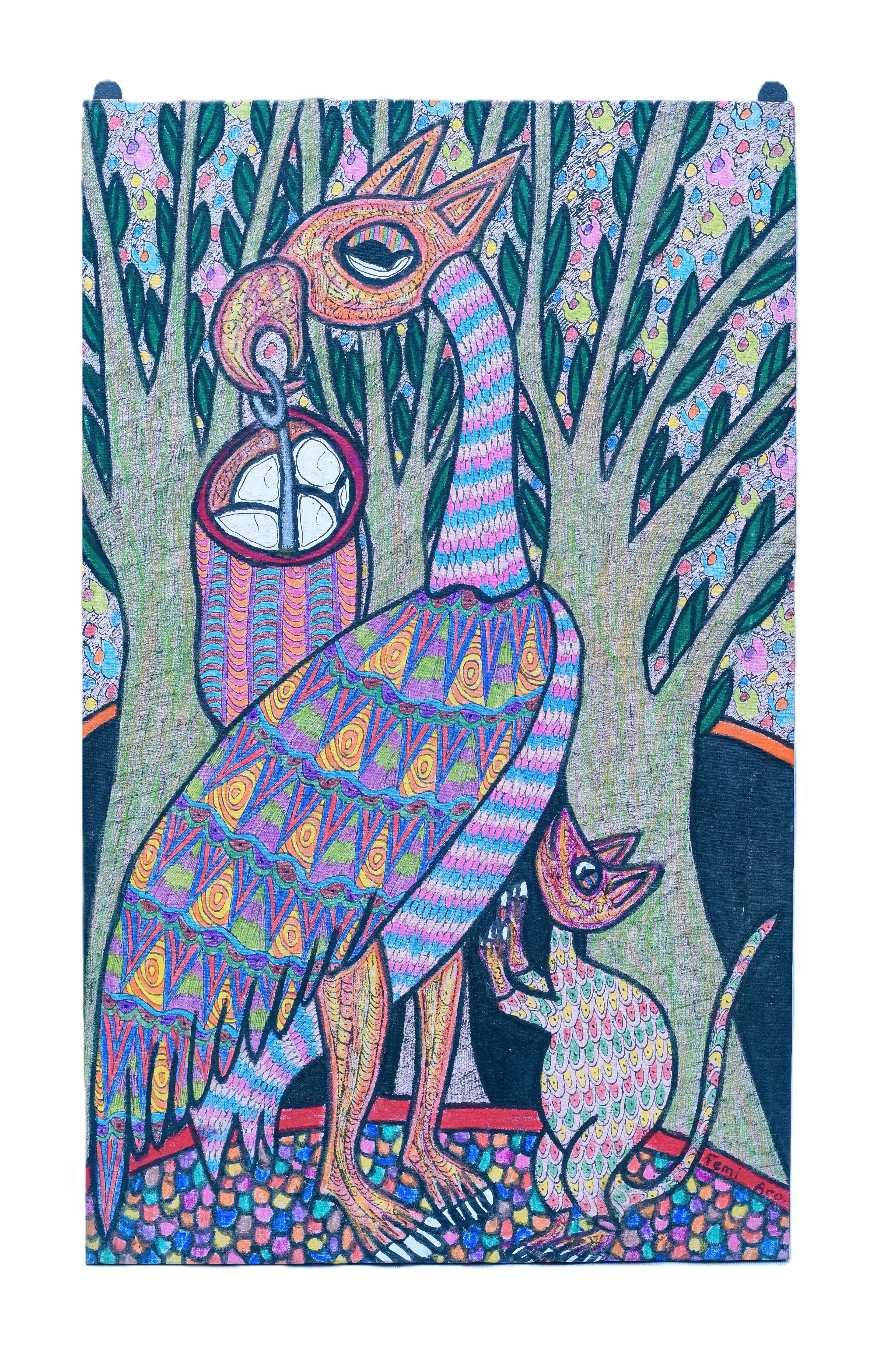 African Spirit Bird & Cat — Original Painting on Canvas