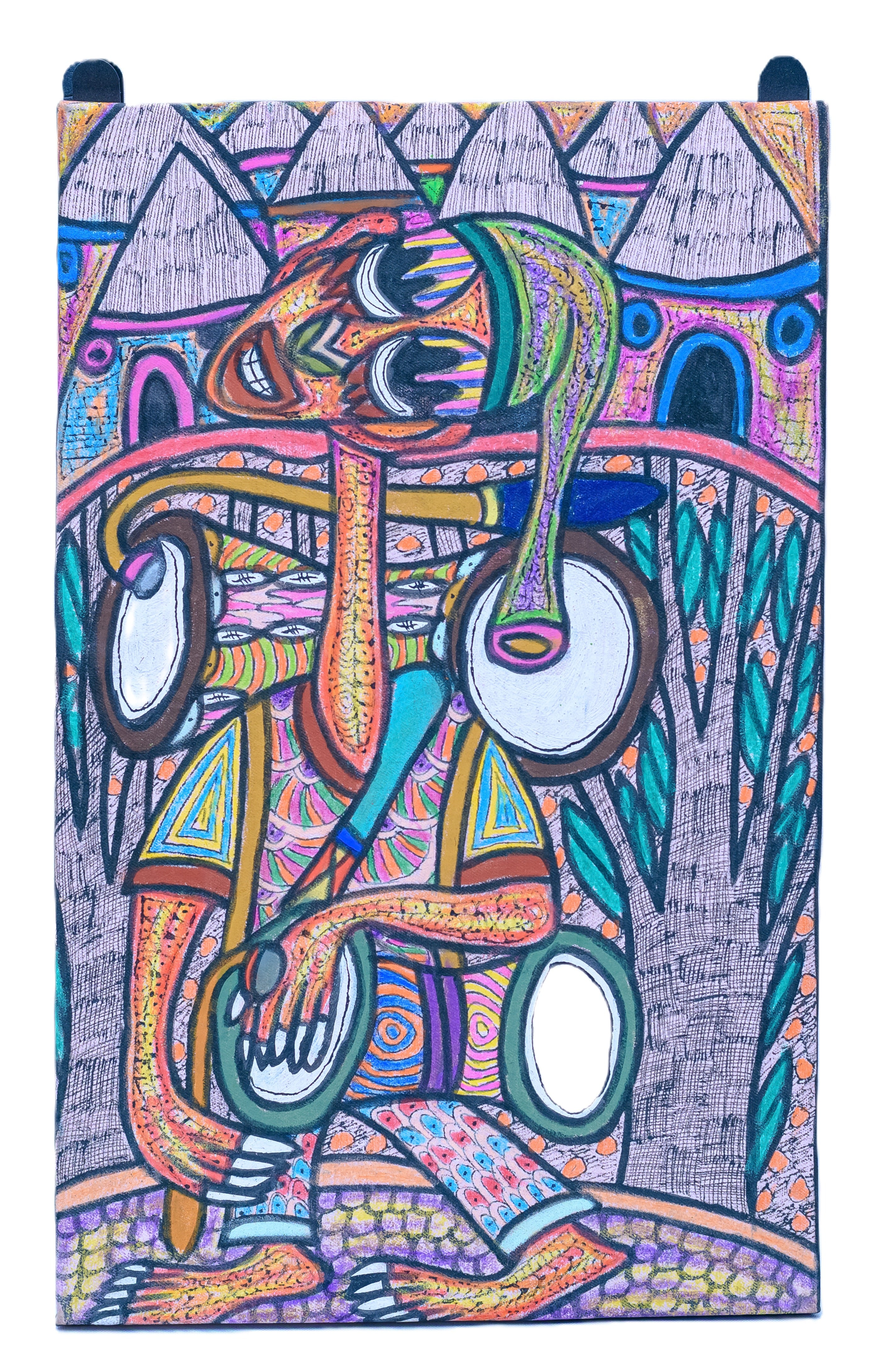 African Abstract Cyclist with Serpent Head — Original Painting on Canvas