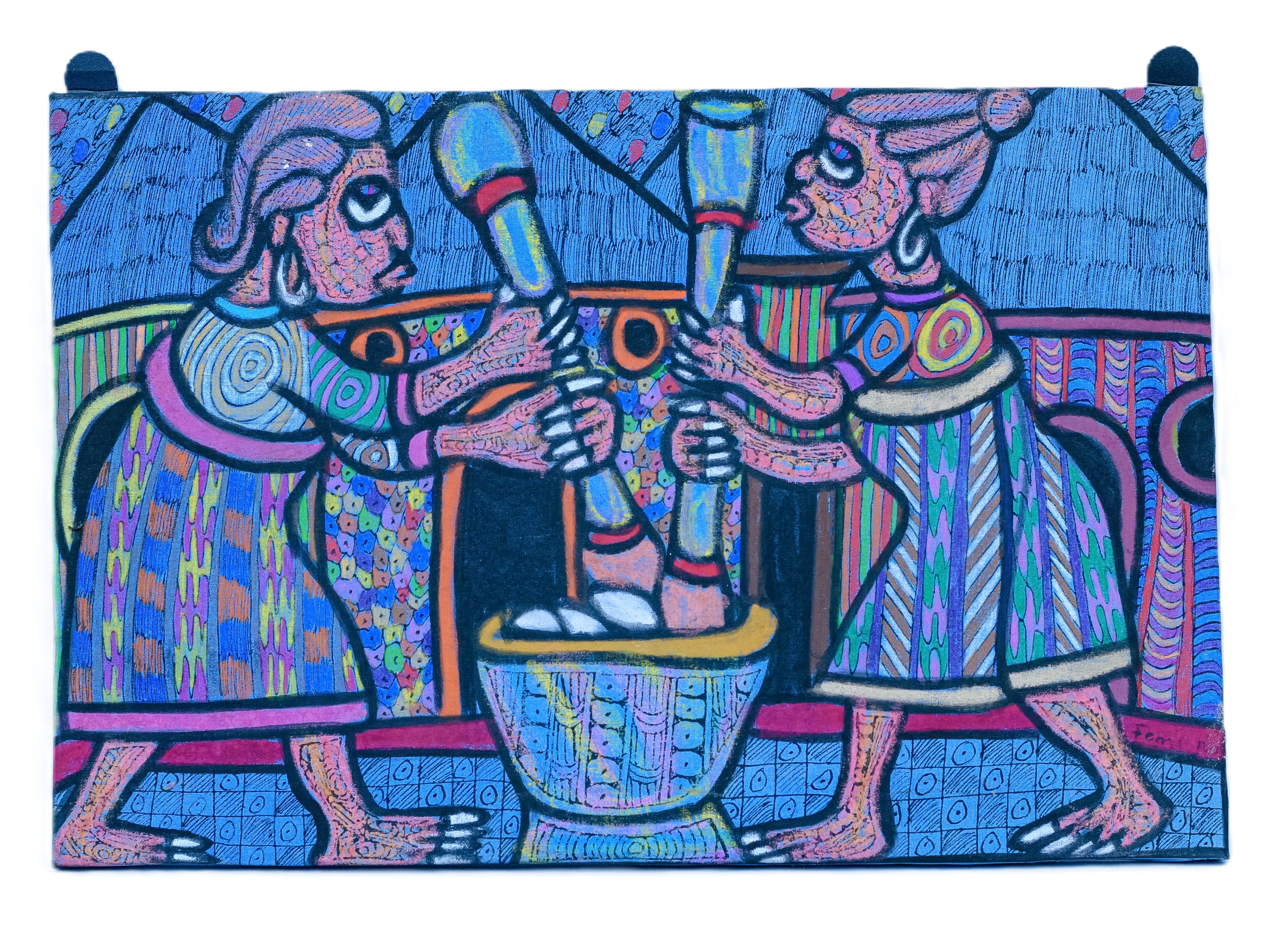 African Women Pounding — Original Painting on Canvas