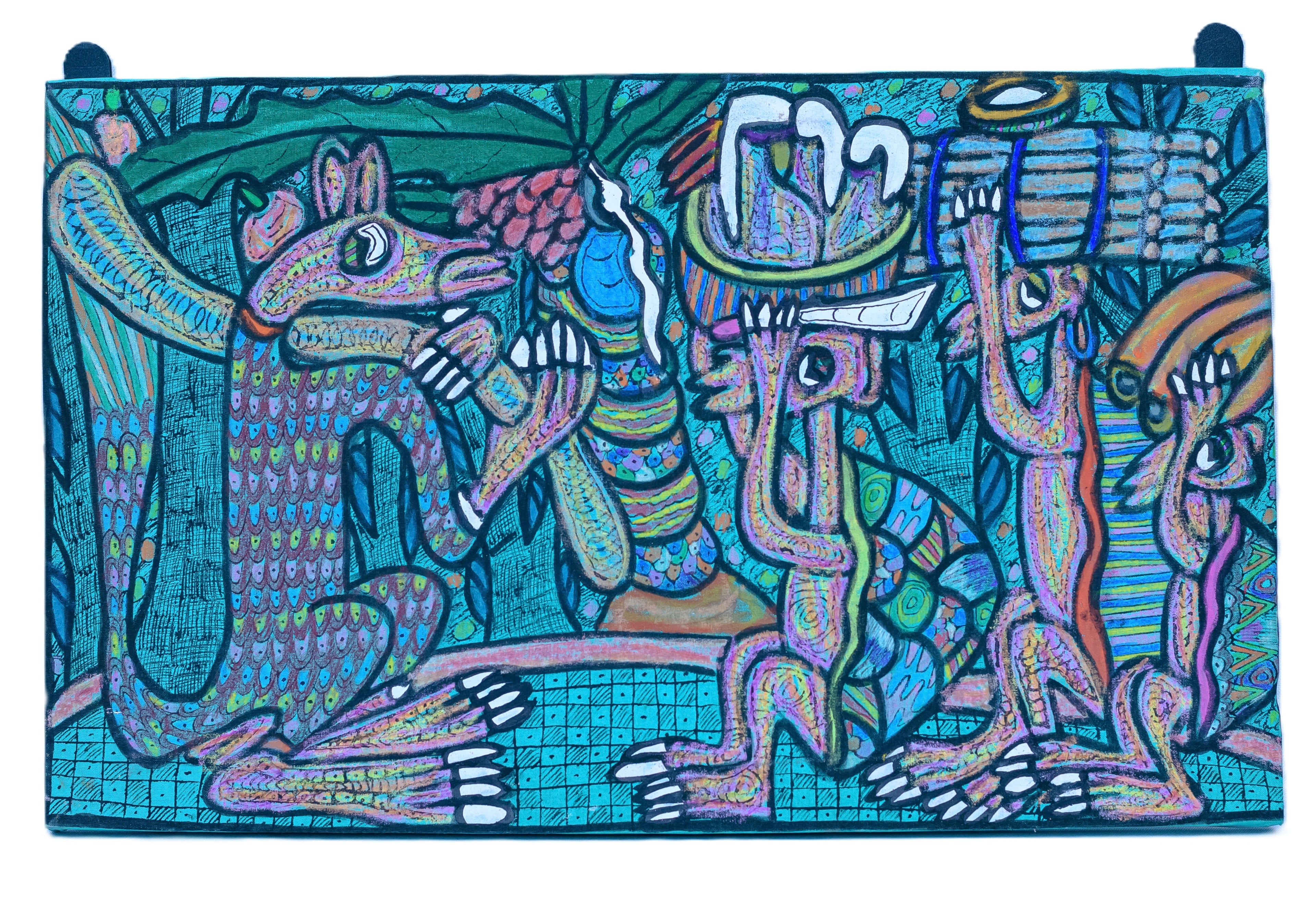 African Mythic Gathering — Crocodile, Angel & Totem Figures — Original Painting on Canvas