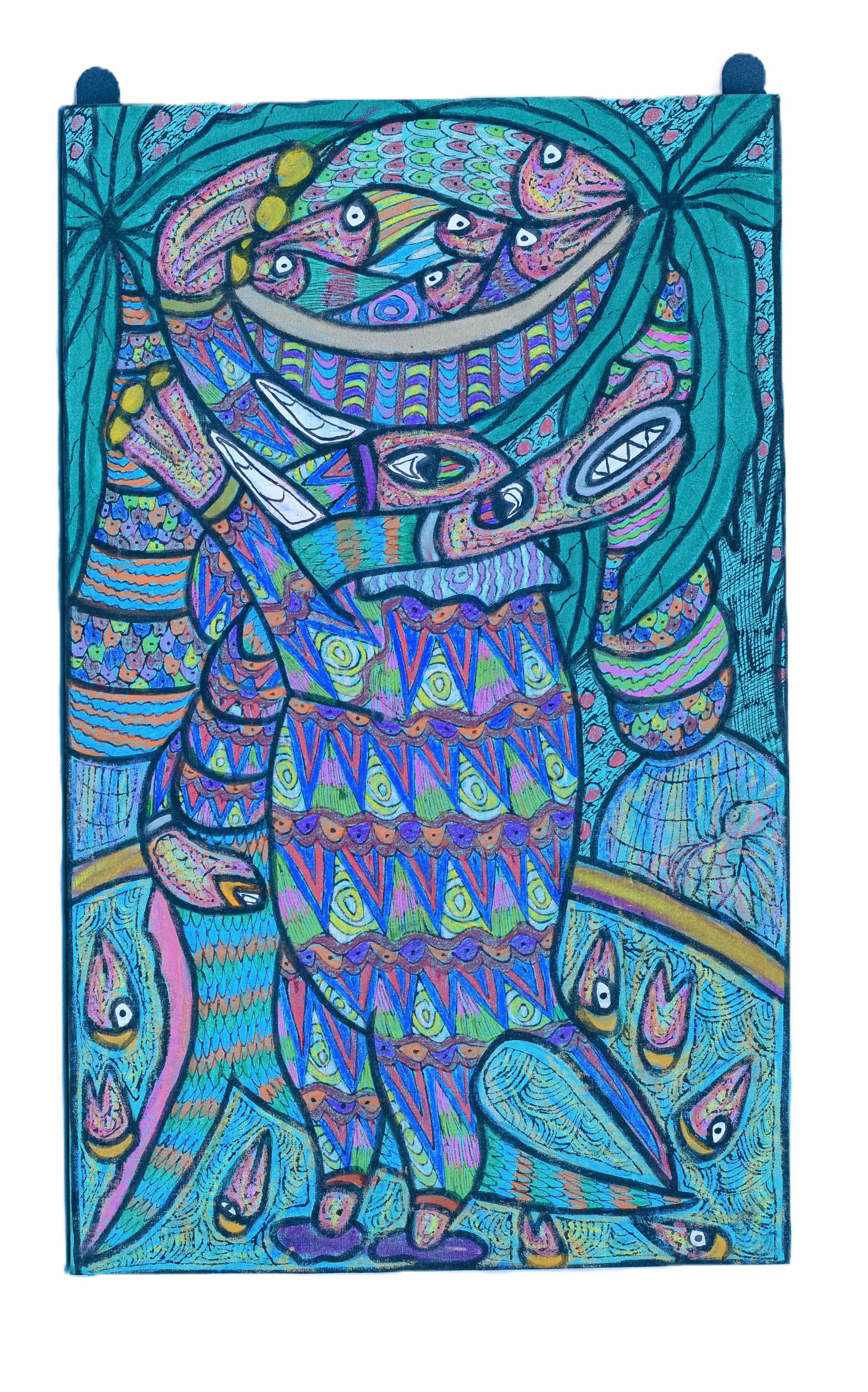 African Spirit Figure with Fish & Creatures — Original Painting on Canvas