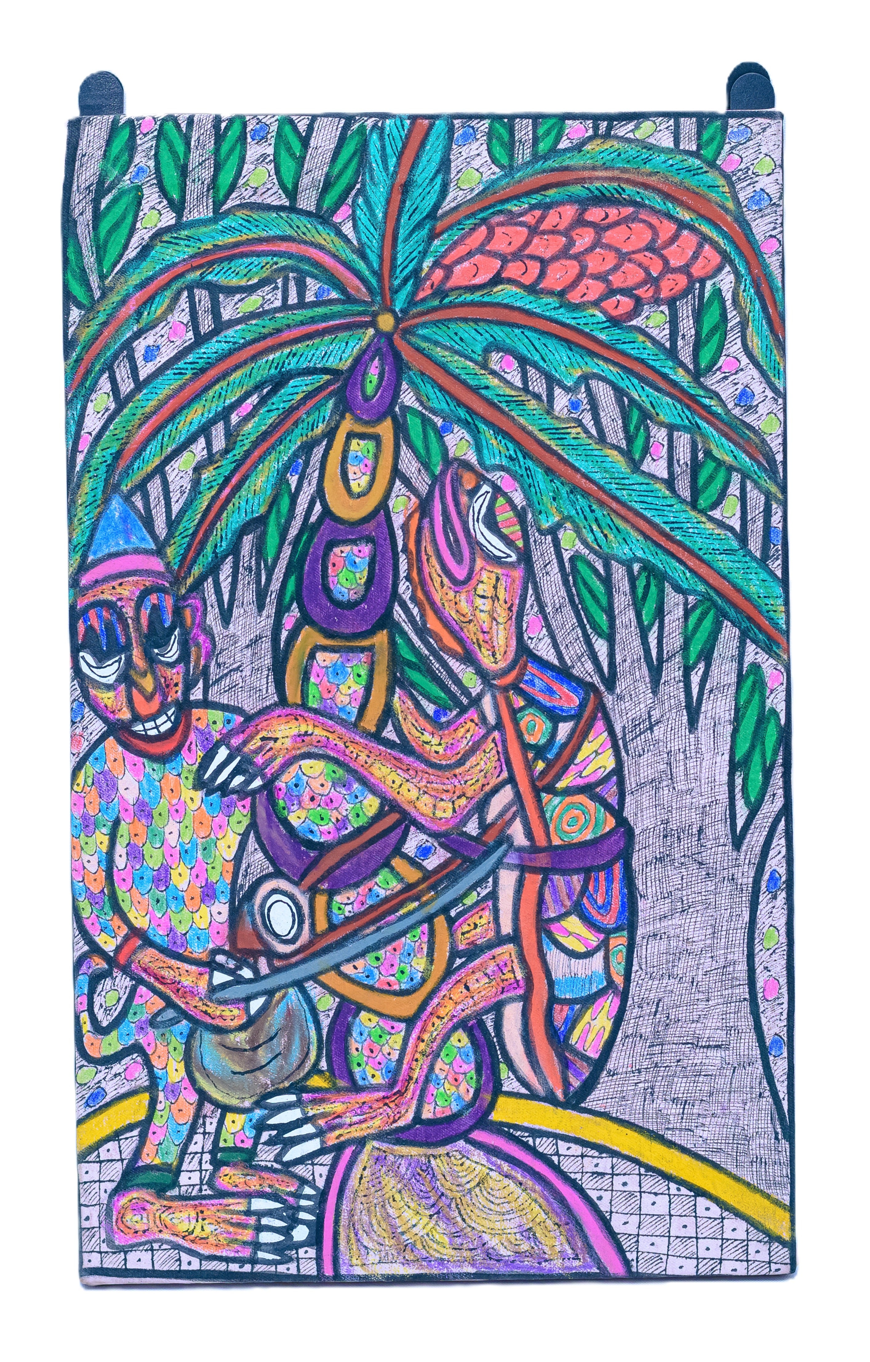 African Figure Climbing a Palm Tree — Original Painting on Canvas