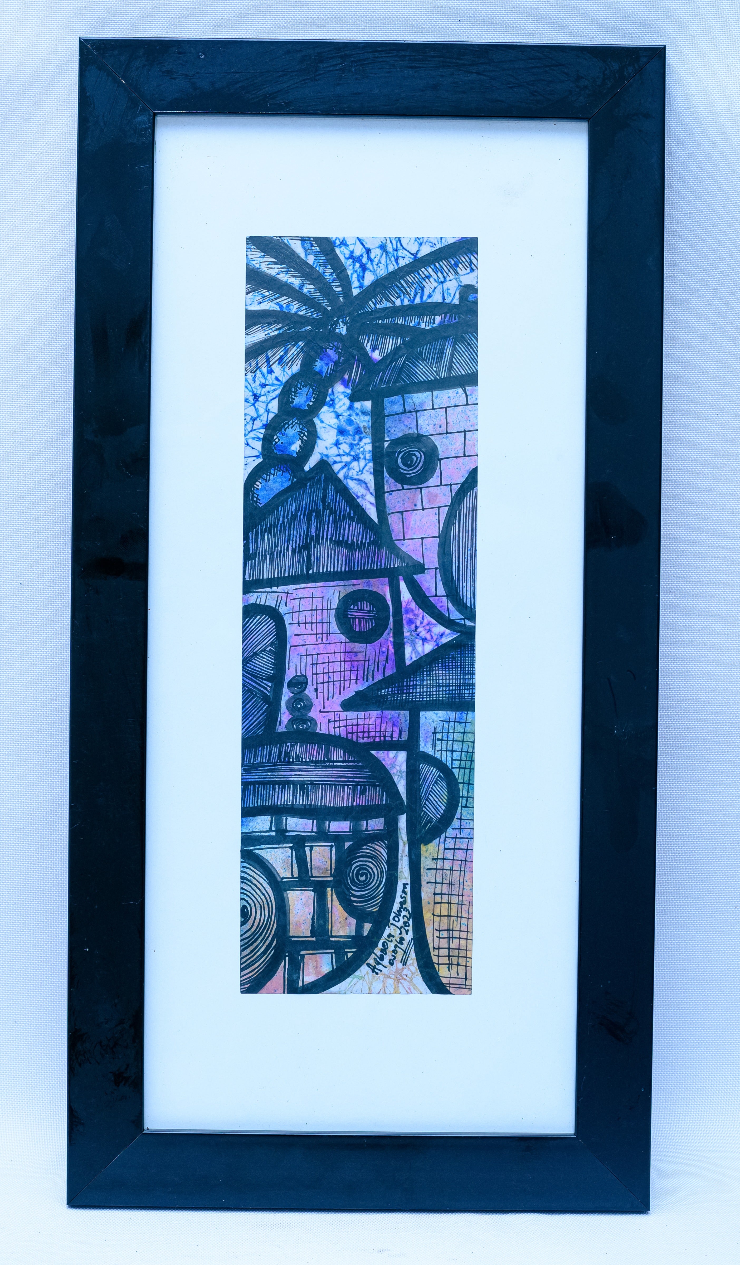 African Village Scene with Palm Tree & Hut — Original Batik on Paper
