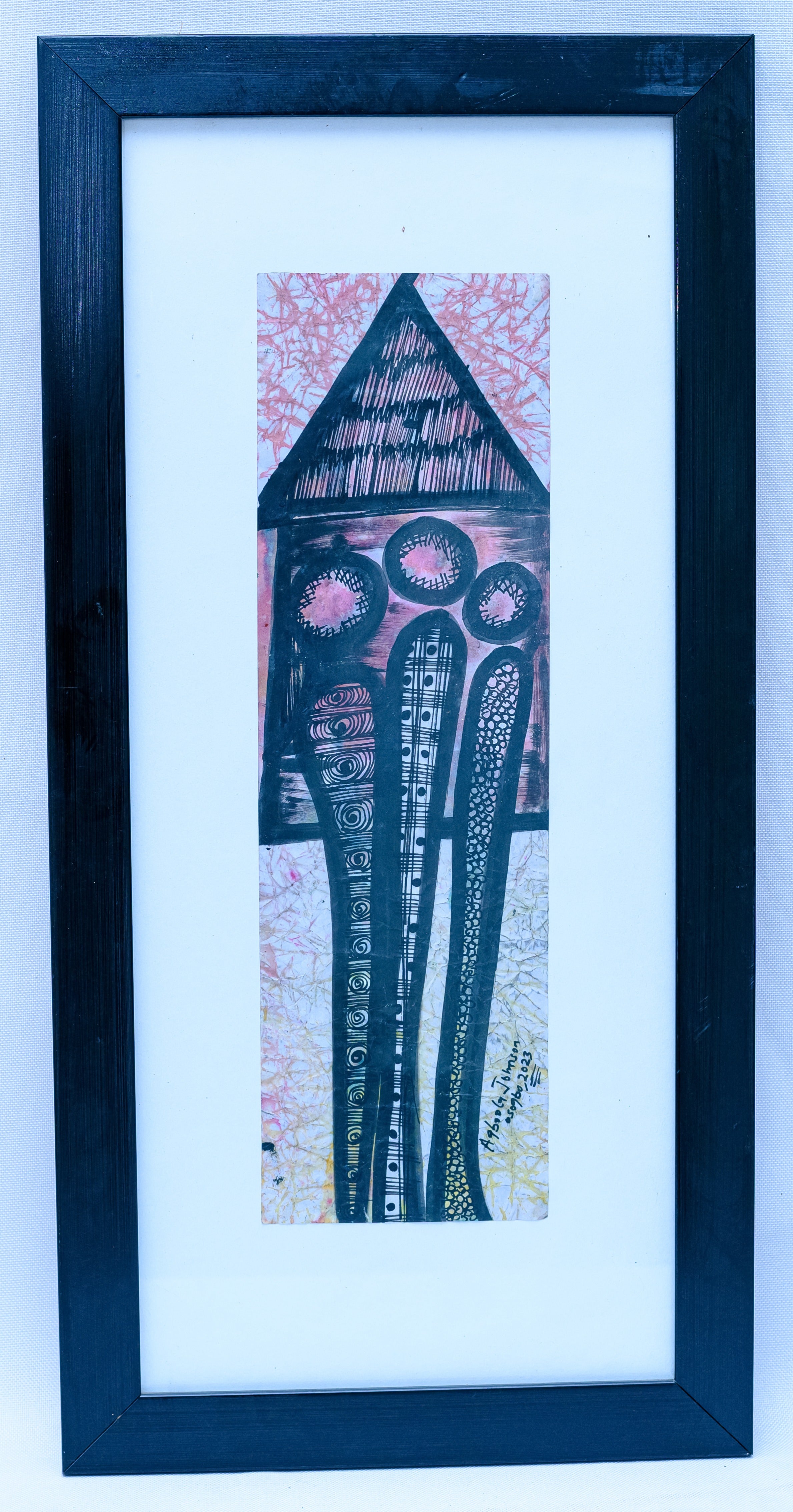 African Abstract House with Three Figures — Original Batik on Paper