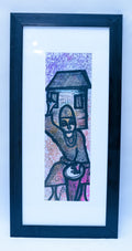 African Woman with Drum Before a Village House — Original Batik on Paper