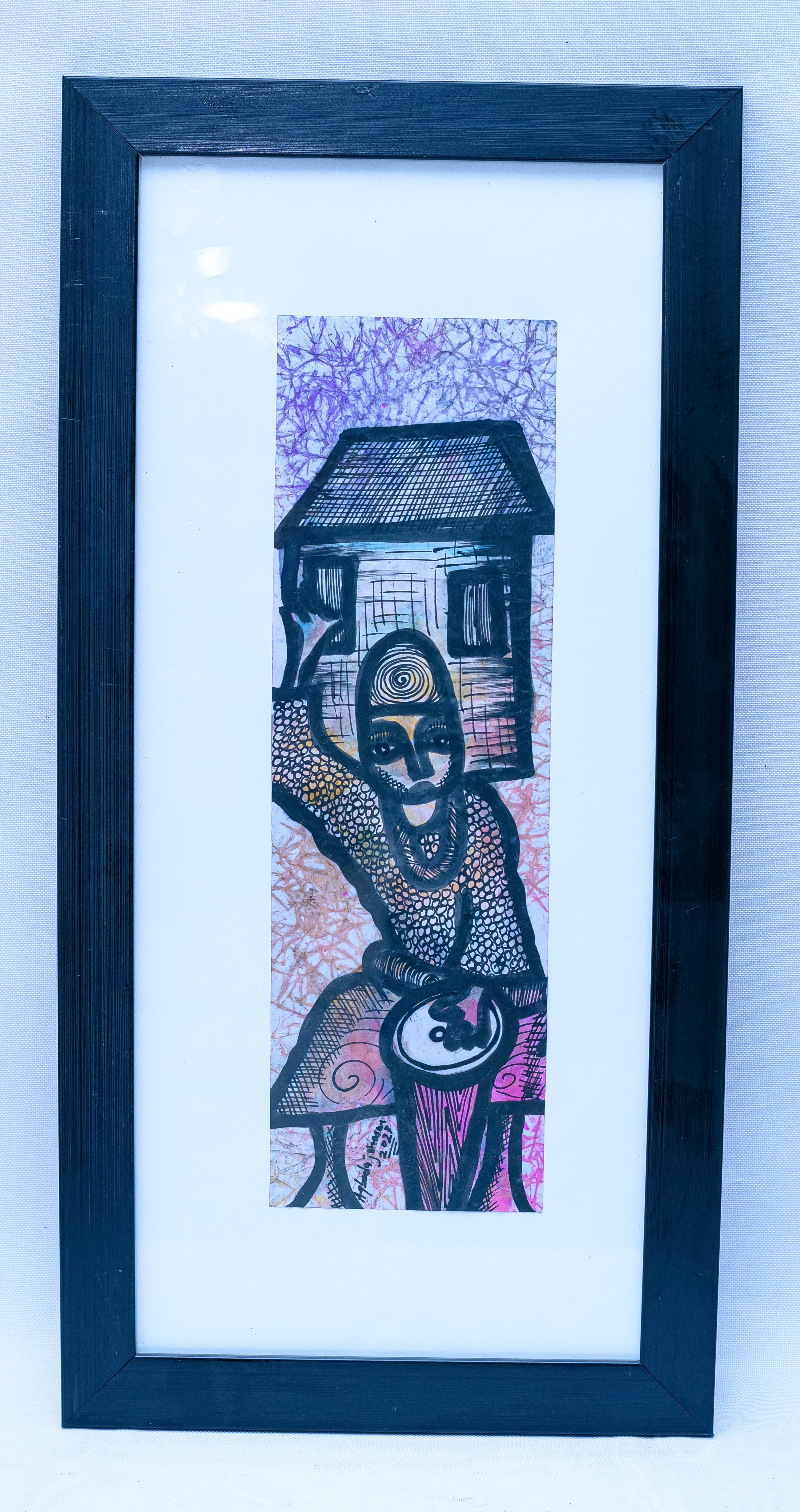 African Woman with Drum Before a Village House — Original Batik on Paper