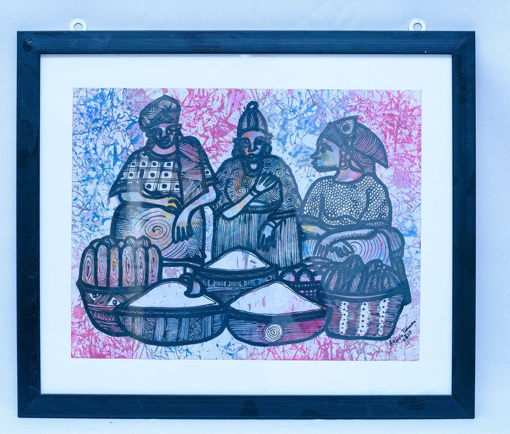 African Market Women at Rest — Original Batik on Paper