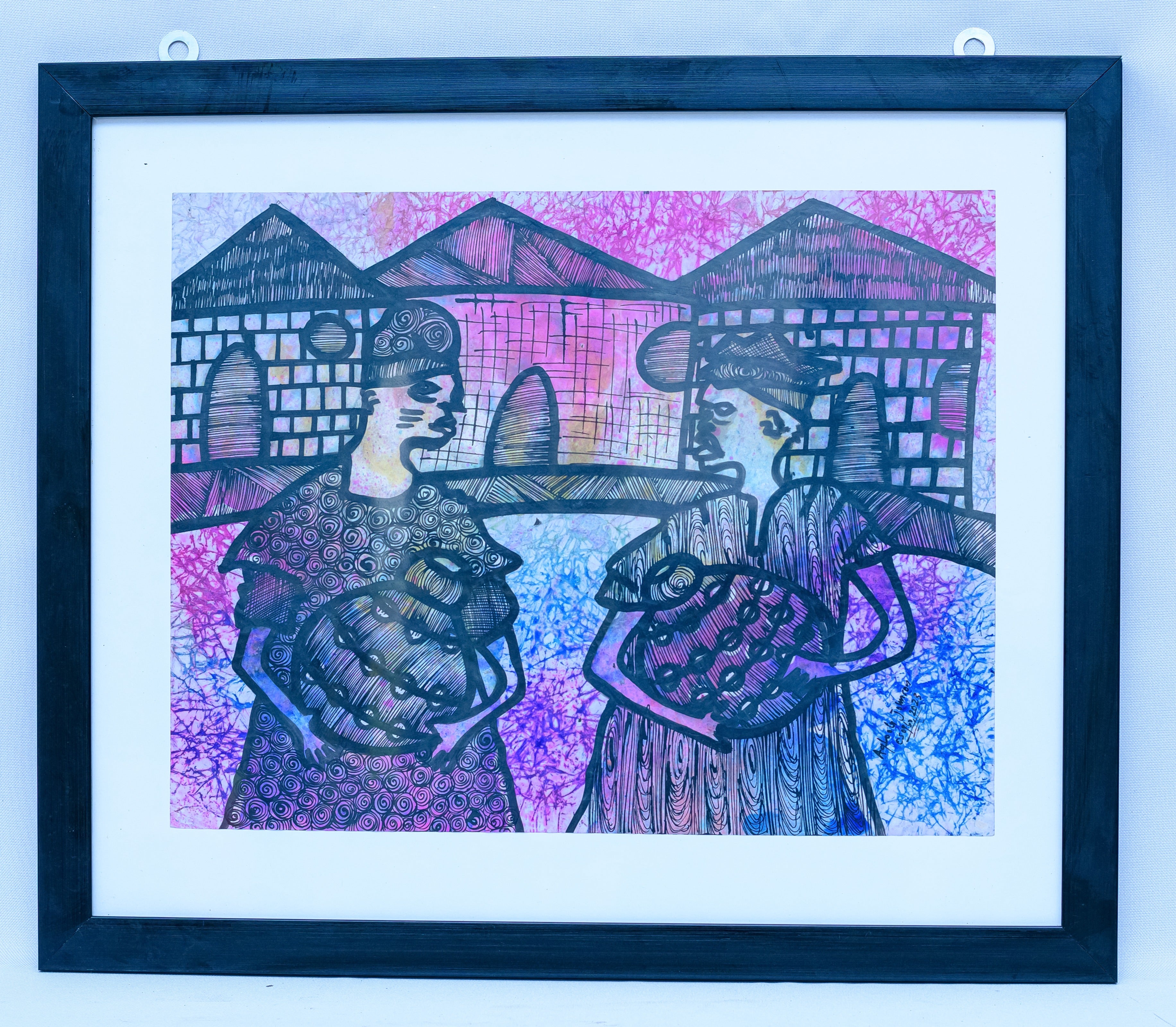 African Market Women with Chickens — Original Batik on Paper