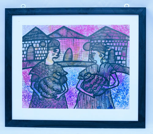 African Market Women with Chickens — Original Batik on Paper