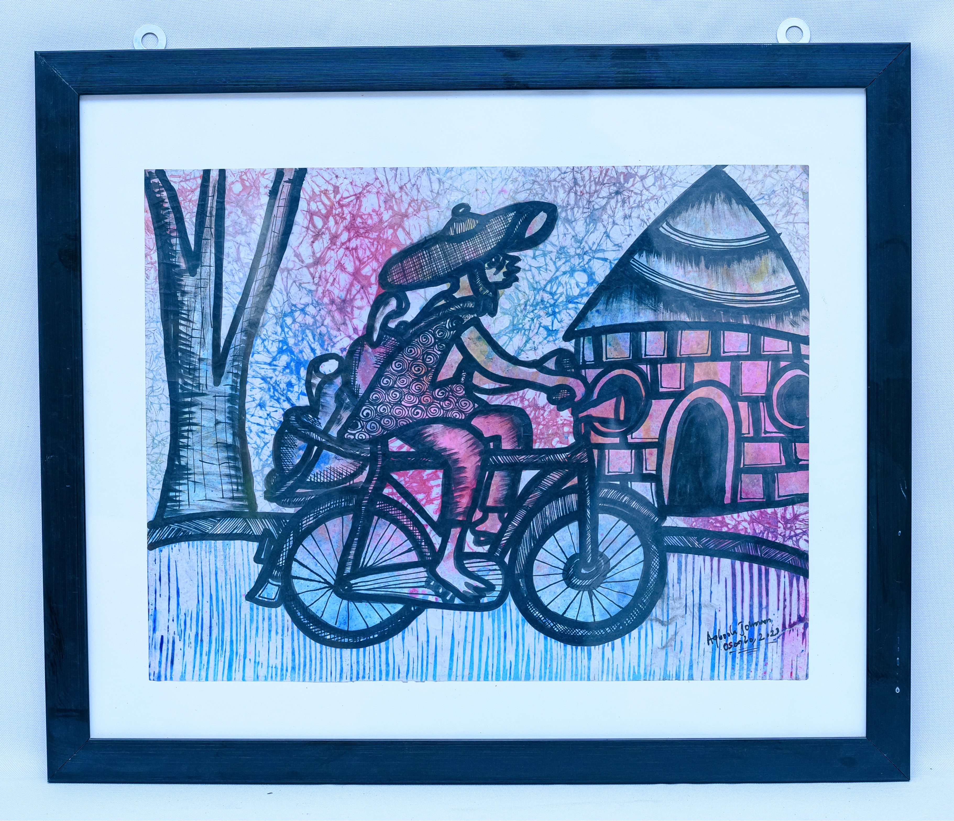 African Cyclist by the Village Hut — Original Batik on Paper