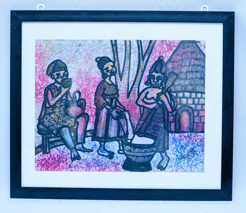 African Village Life — Three Figures by the Hut — Original Batik on Paper
