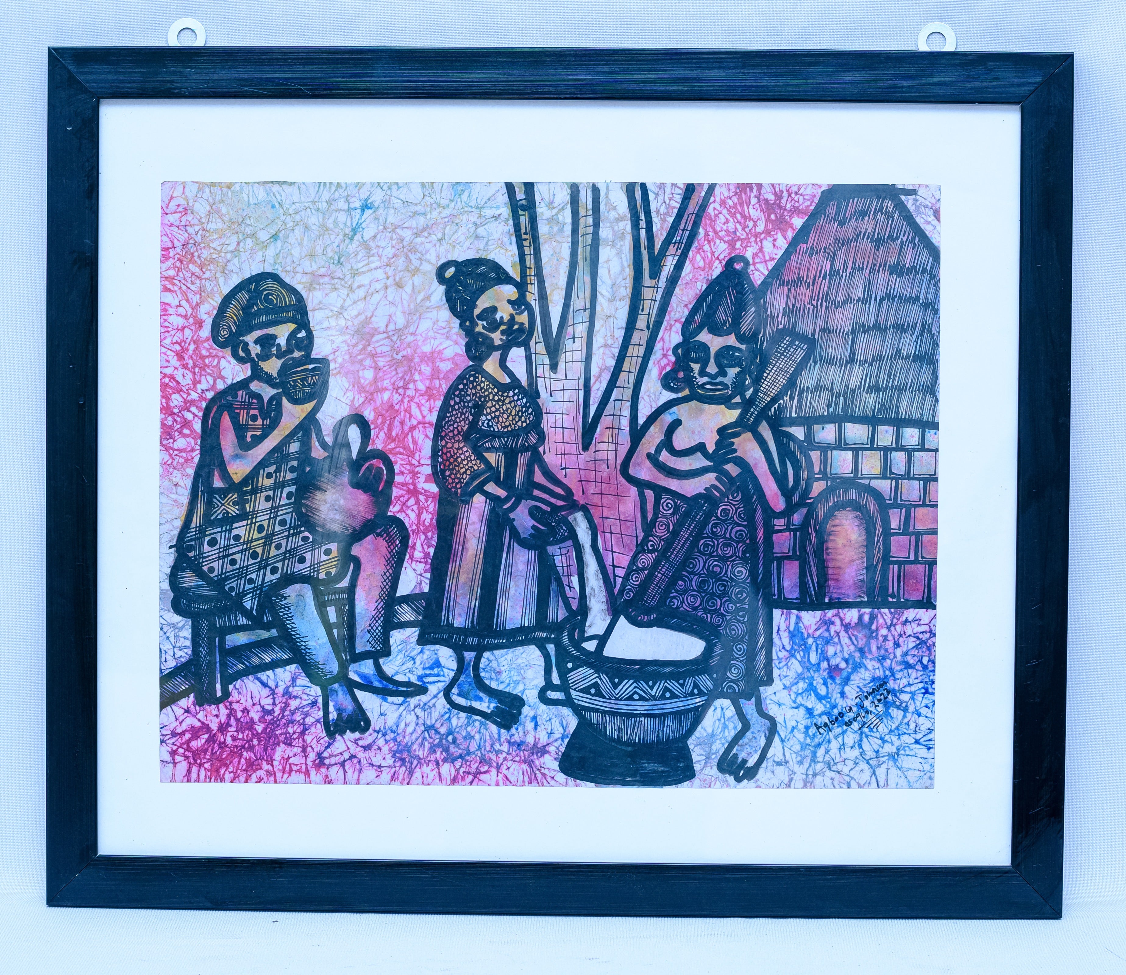 African Village Life — Three Figures by the Hut — Original Batik on Paper