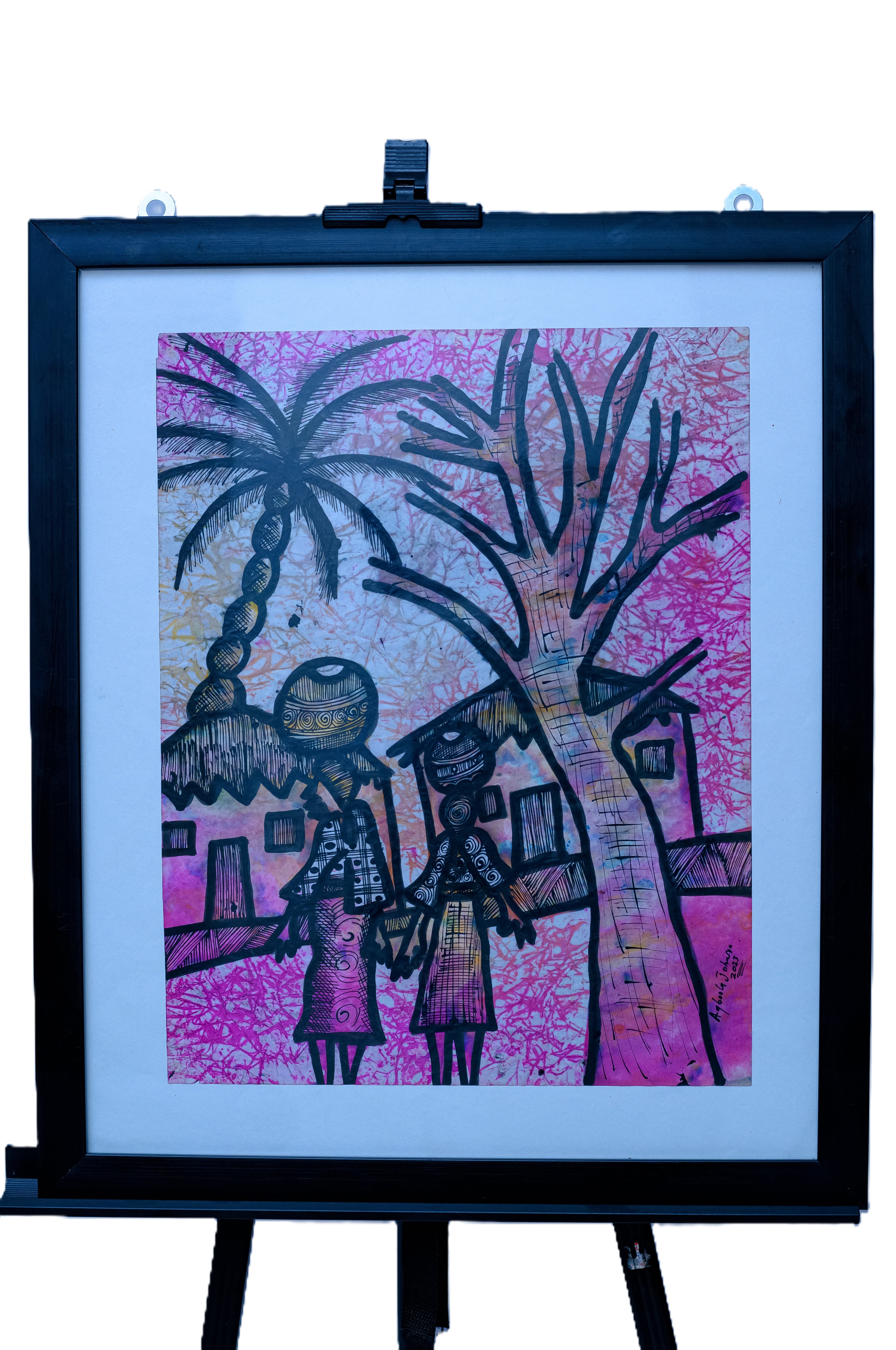 African Village Scene with Two Women & Palm Tree — Original Batik on Paper
