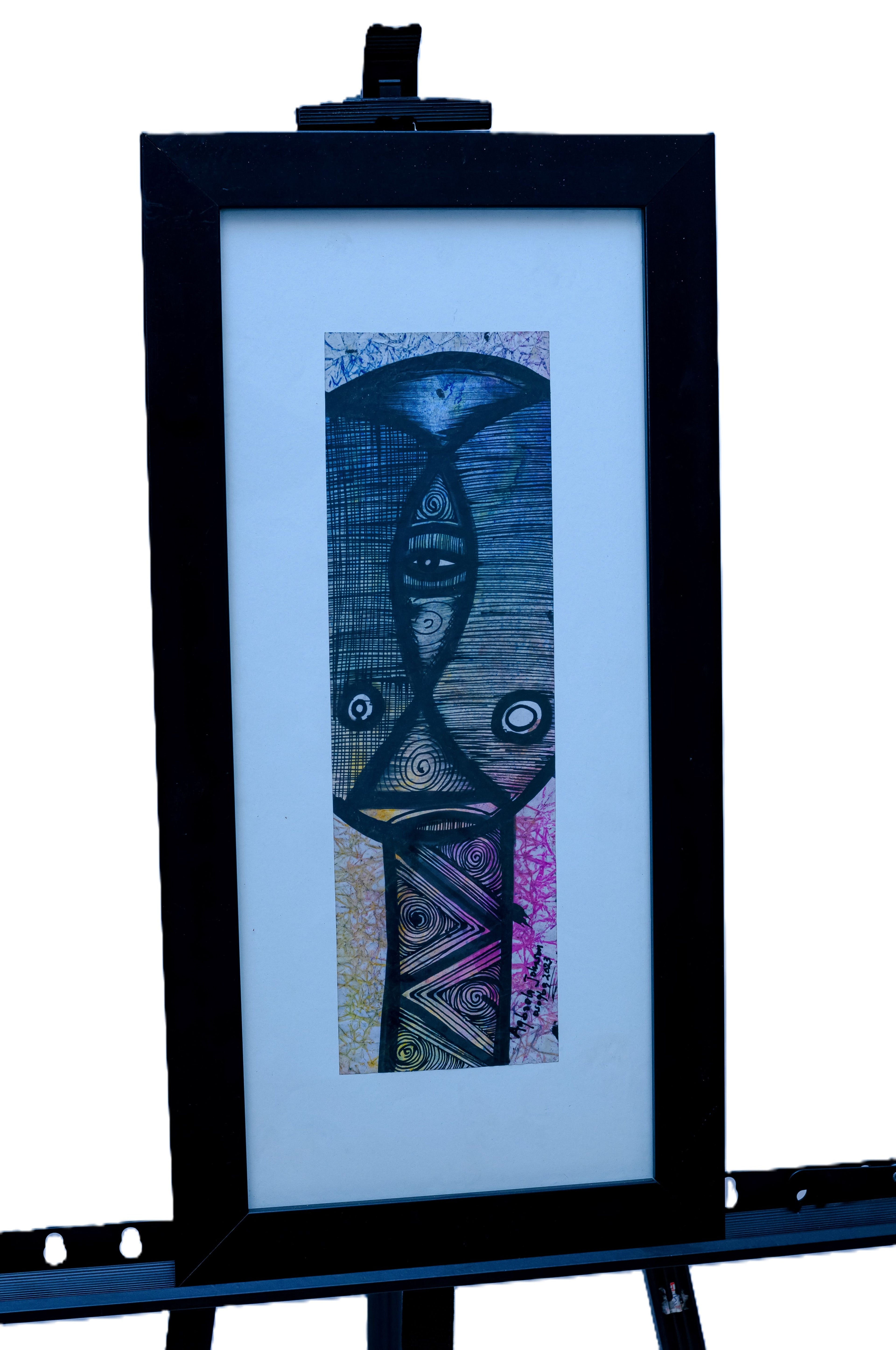 African Cubist Mask Figure — Original Batik on Paper