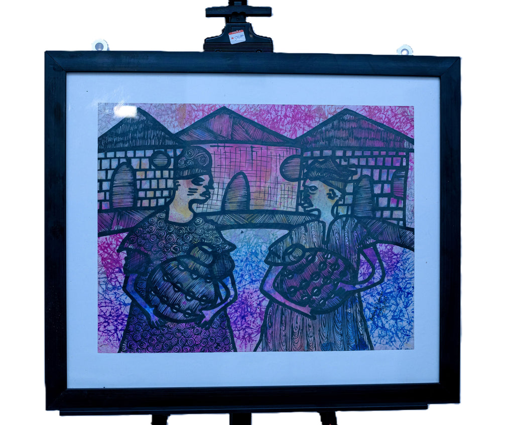 African Market Women with Chickens — Original Batik on Paper