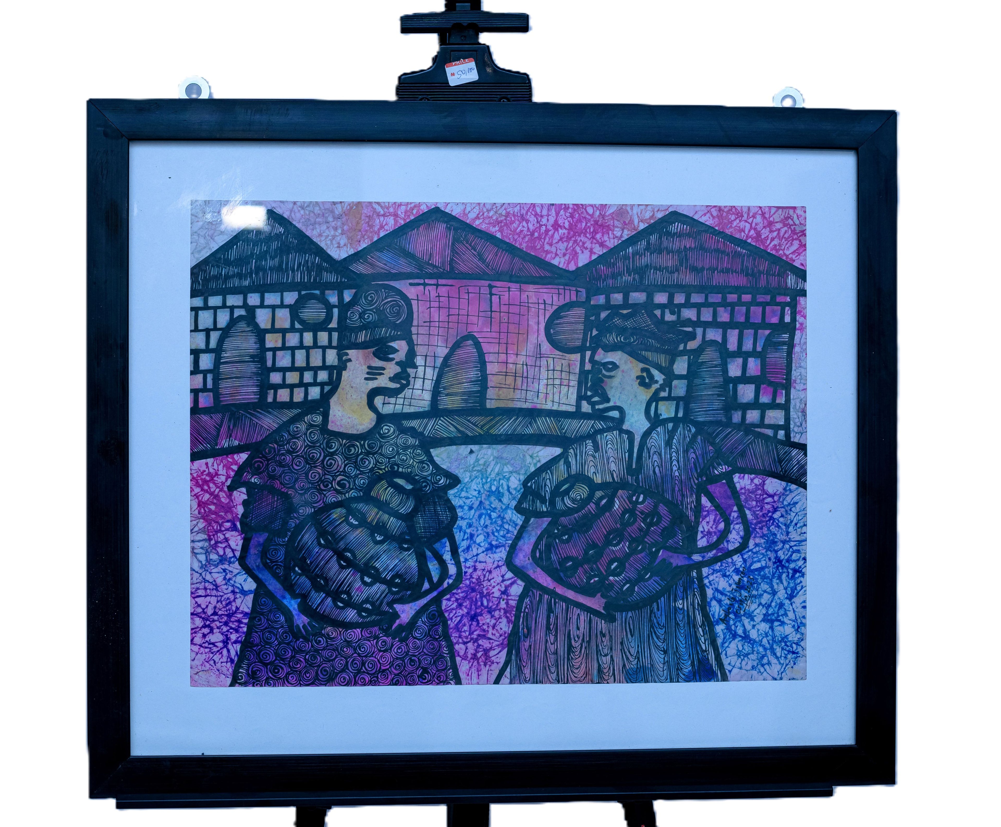 African Market Women with Chickens — Original Batik on Paper